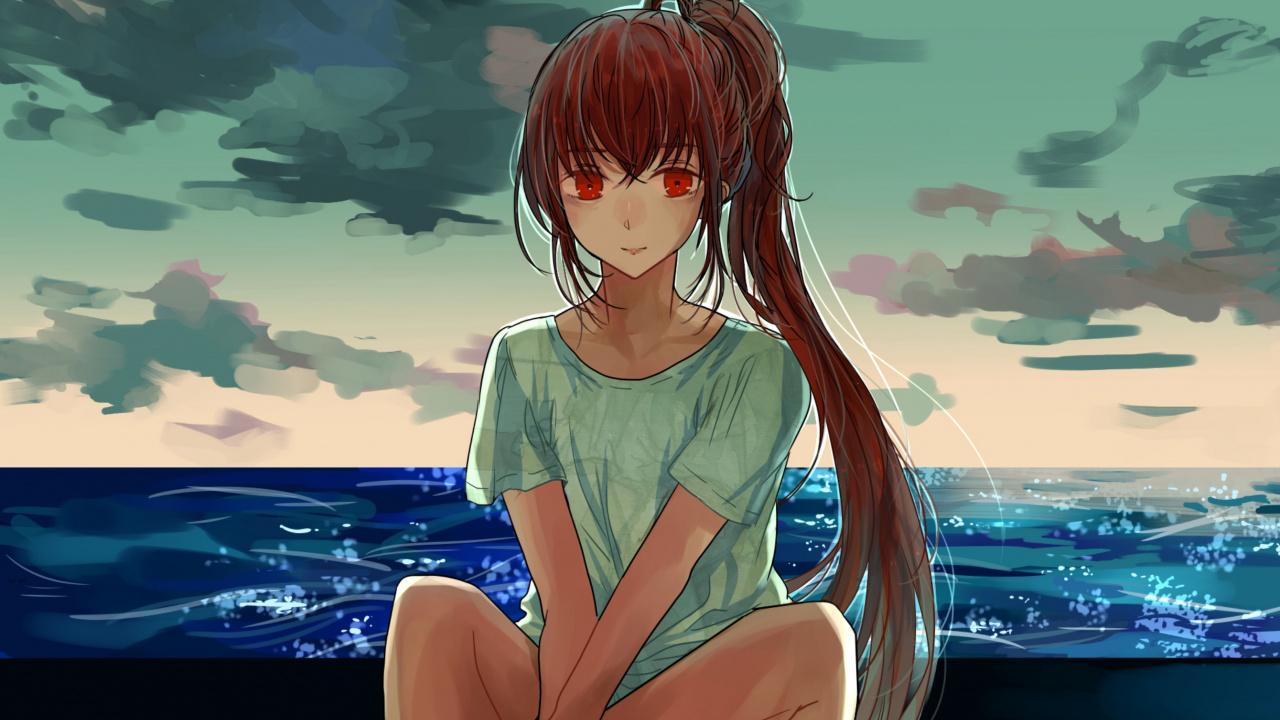 Download Outdoor, seashore, anime girl, cute wallpaper