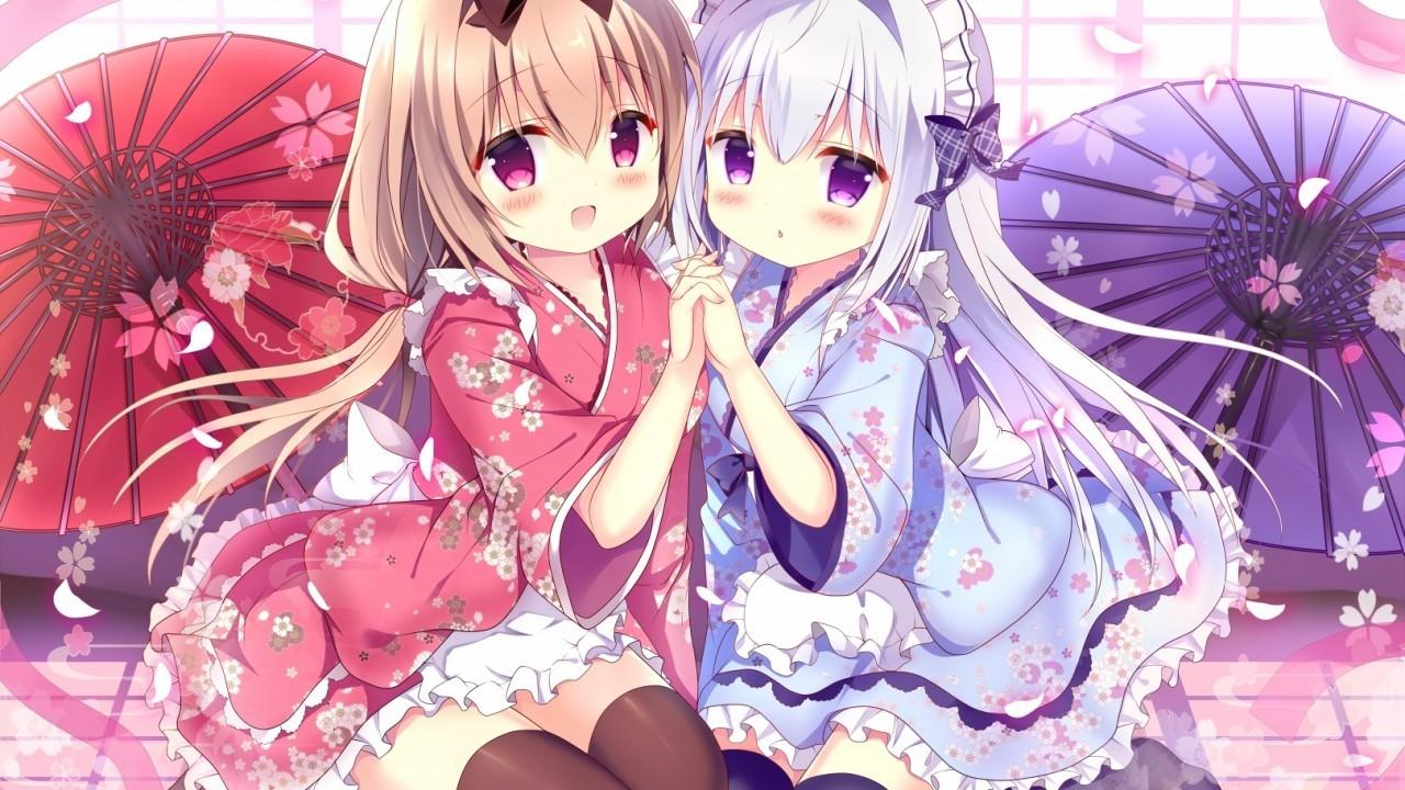Download 1280x720 Cute Anime Girls, Kimono, Friends, Smiling