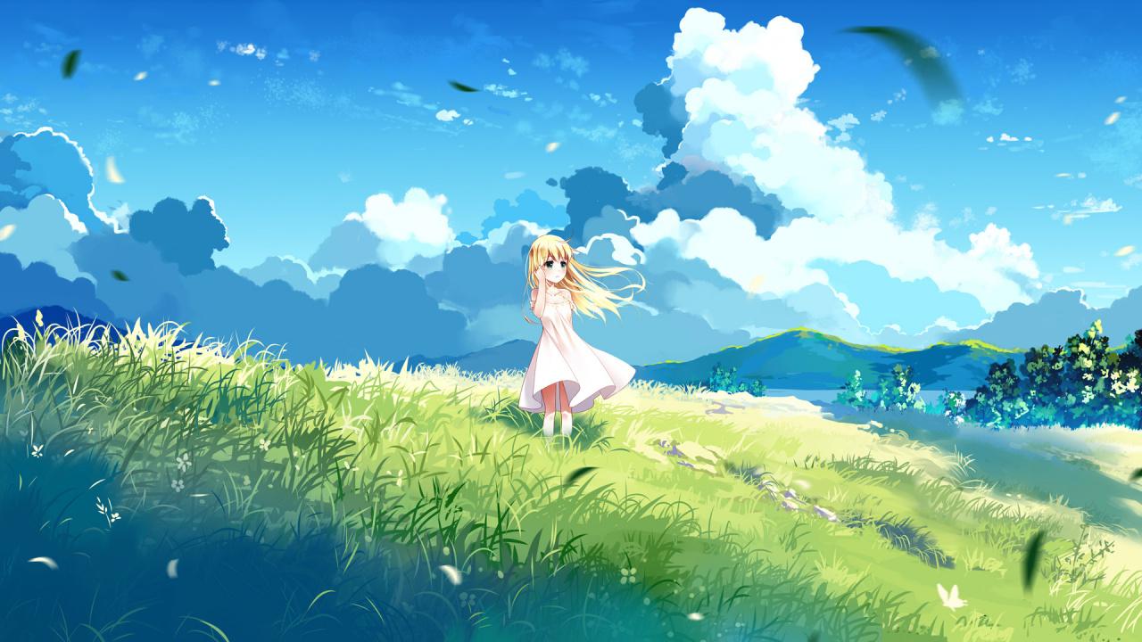 Download 1280x720 wallpaper landscape, blonde, anime girl