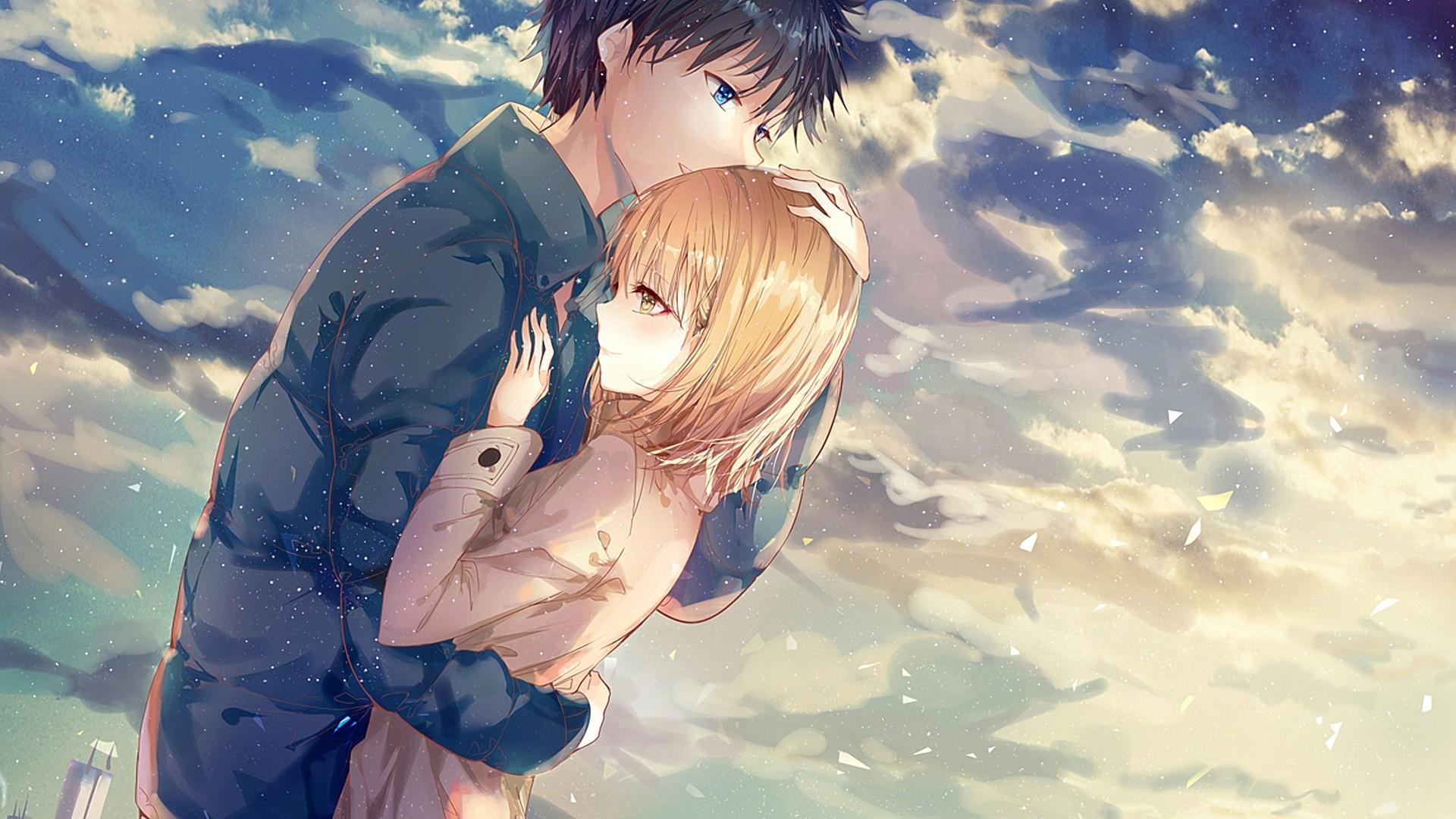 Download 1920x1080 Anime Couple, Hug, Romance, Clouds