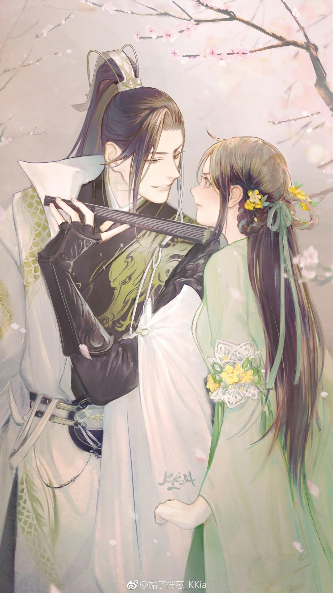 Download 1080x1920 Anime Couple, Romance, Chinese Clothes, Cherry Blossom Wallpaper for iPhone iPhone 7 Plus, iPhone 6+, Sony Xperia Z, HTC One