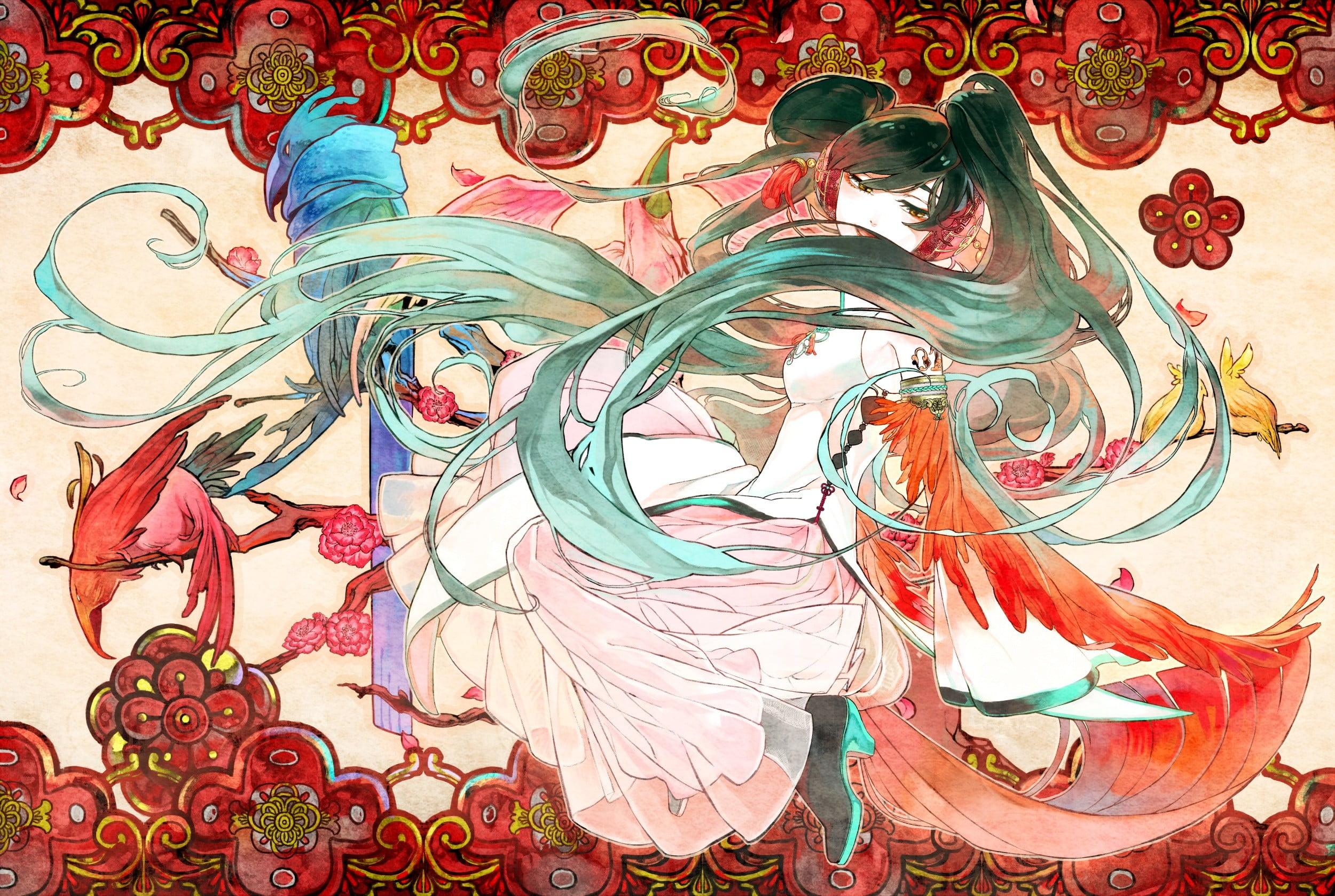 Green haired anime character in white dress painting HD