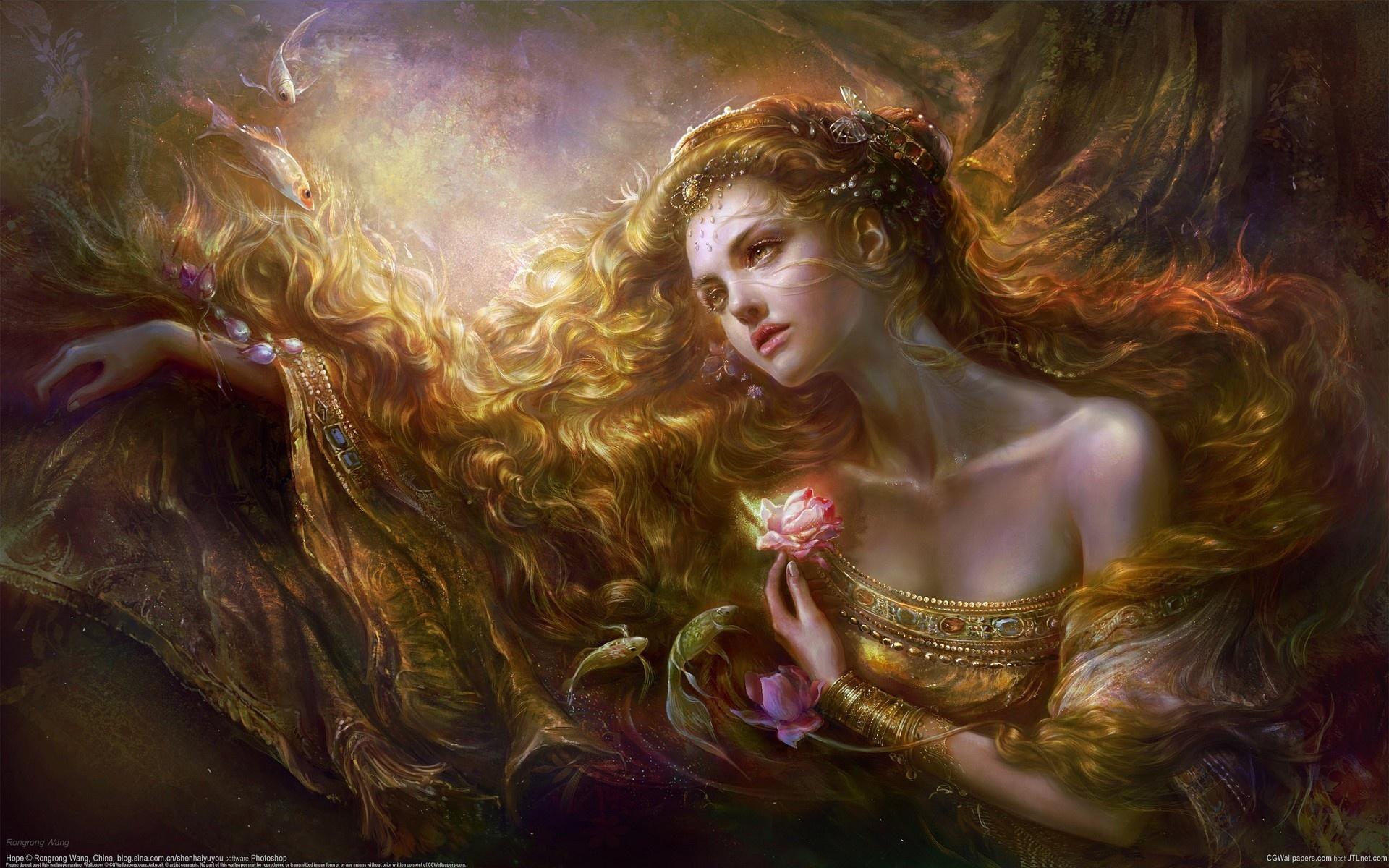 Wallpaper Blond fantasy girl flower and fish 1920x1200 HD