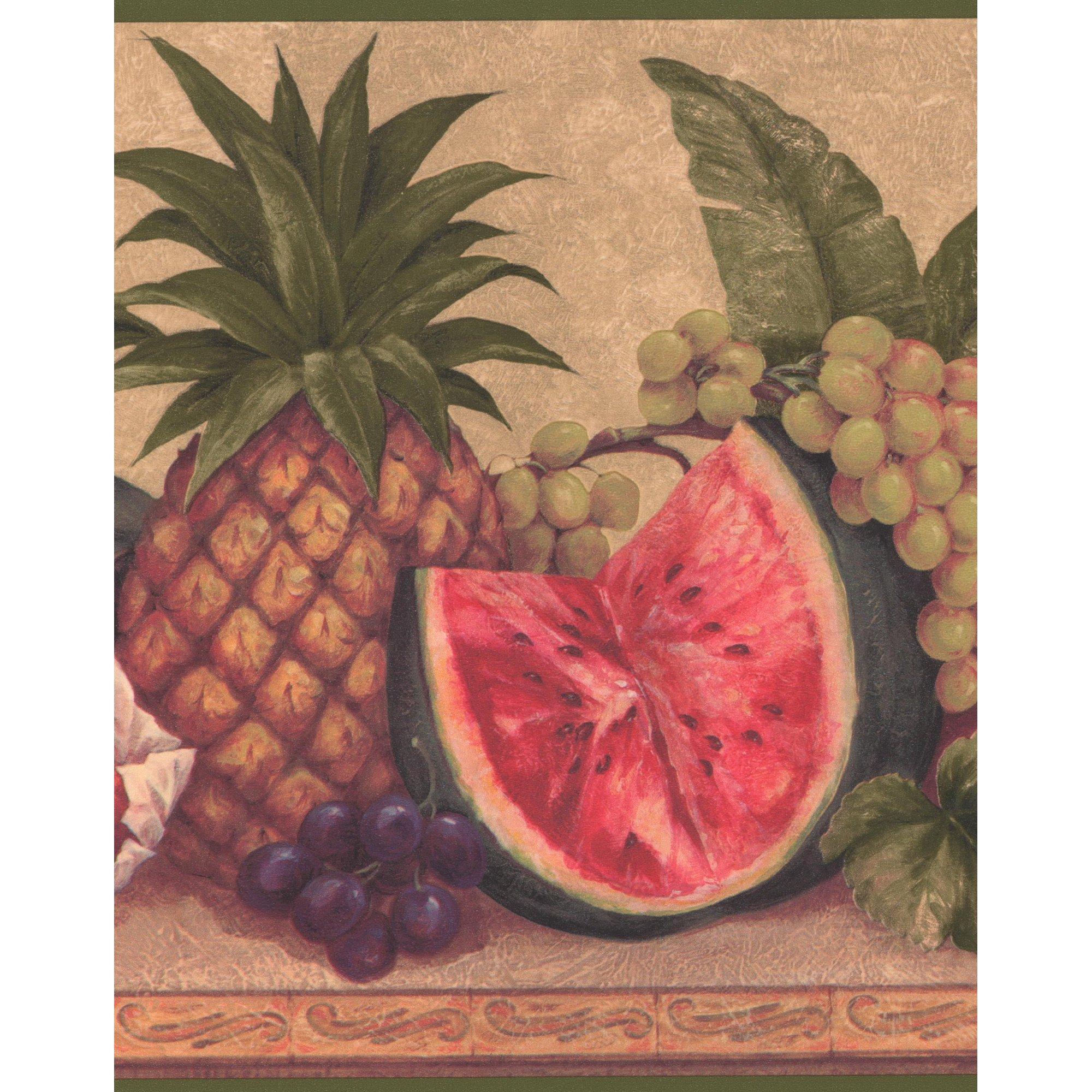 Exotic Pineapple Watermelon Grapes Tangerine Flowers Brown Wide Wallpaper Border Retro Design, Roll 15' x 10.25''