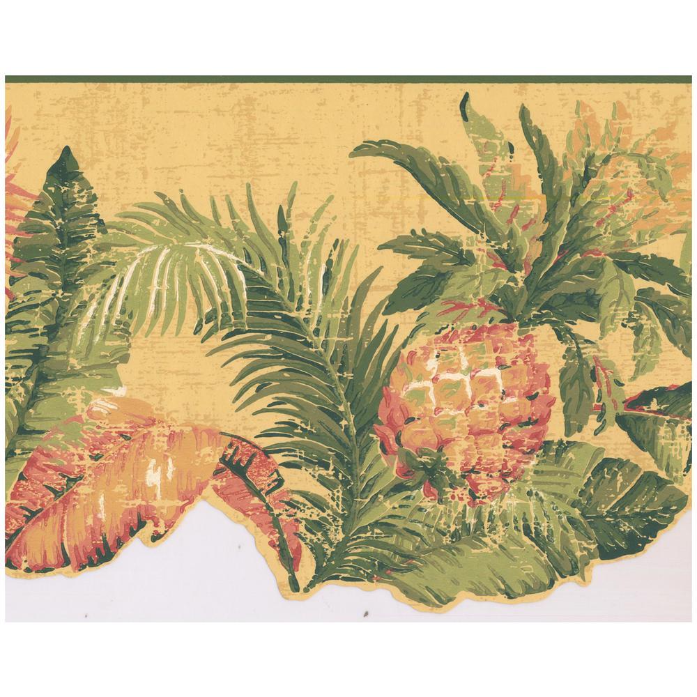 Distressed Pineapple Tropical Plants Scalloped Yellow Prepasted Wallpaper Border
