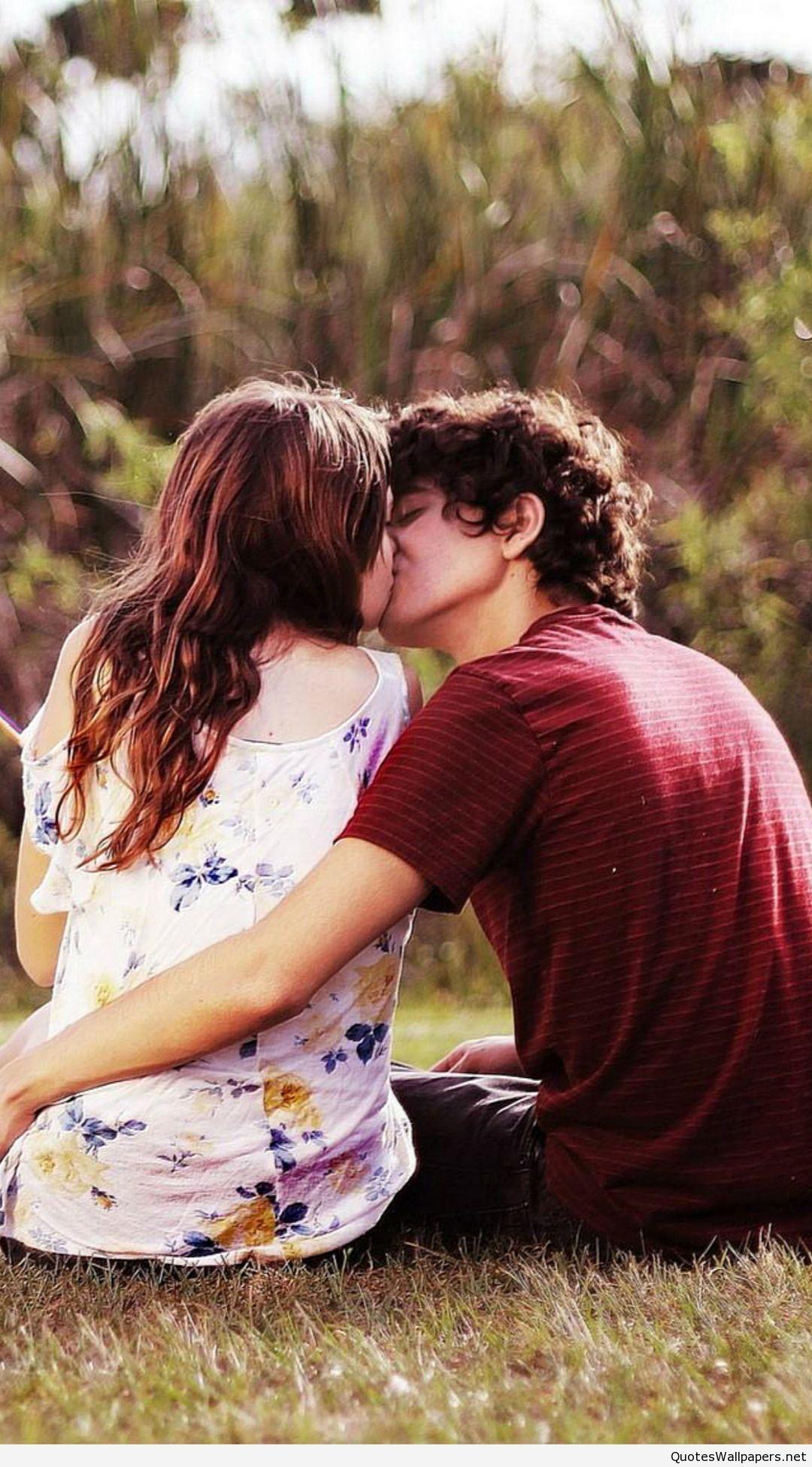 Kissing Lover Couple On Grass Ground Blur Happy Valentine's