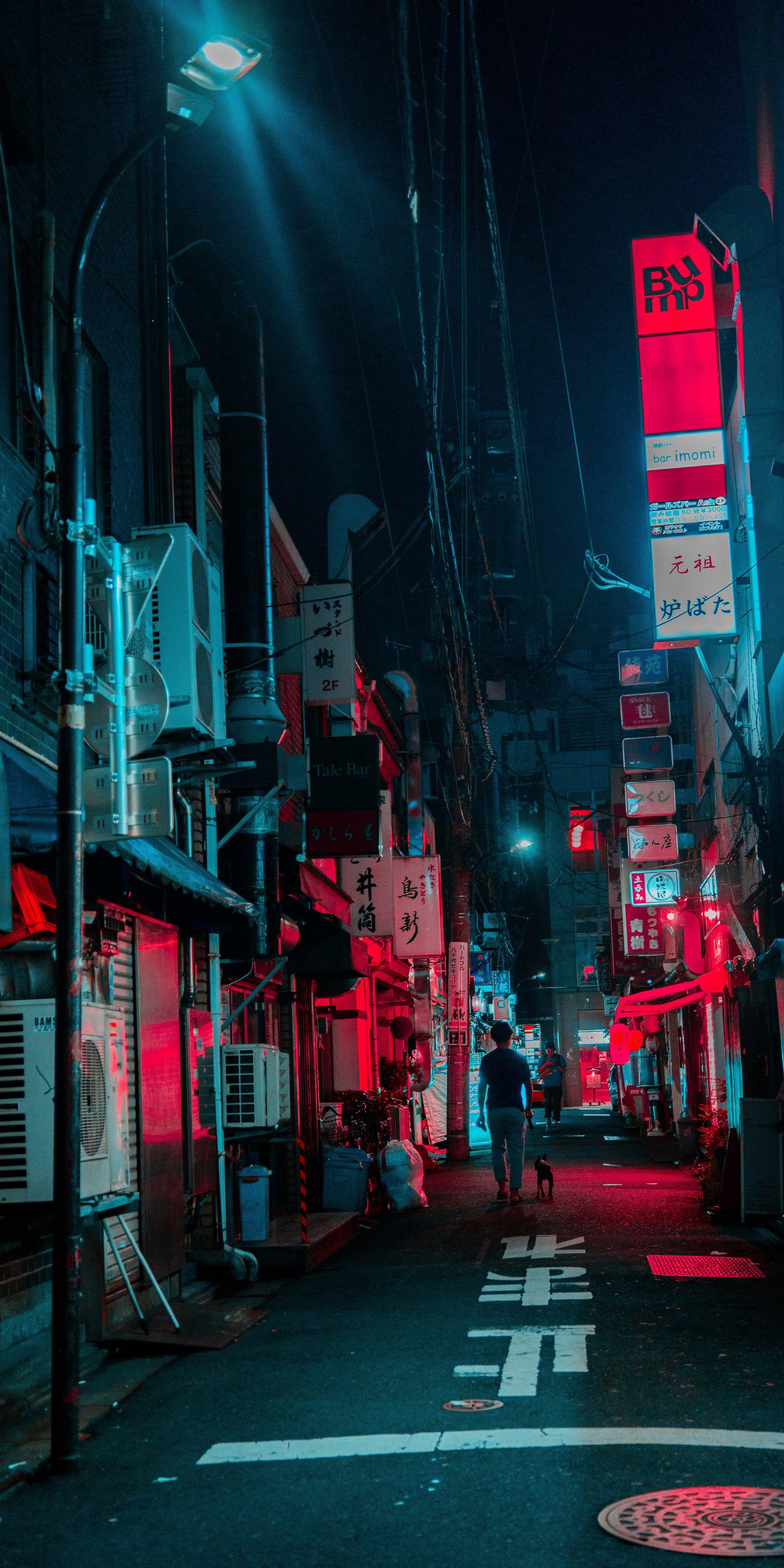 dark cyberpunk night photography, lamps in cyberpunk city street