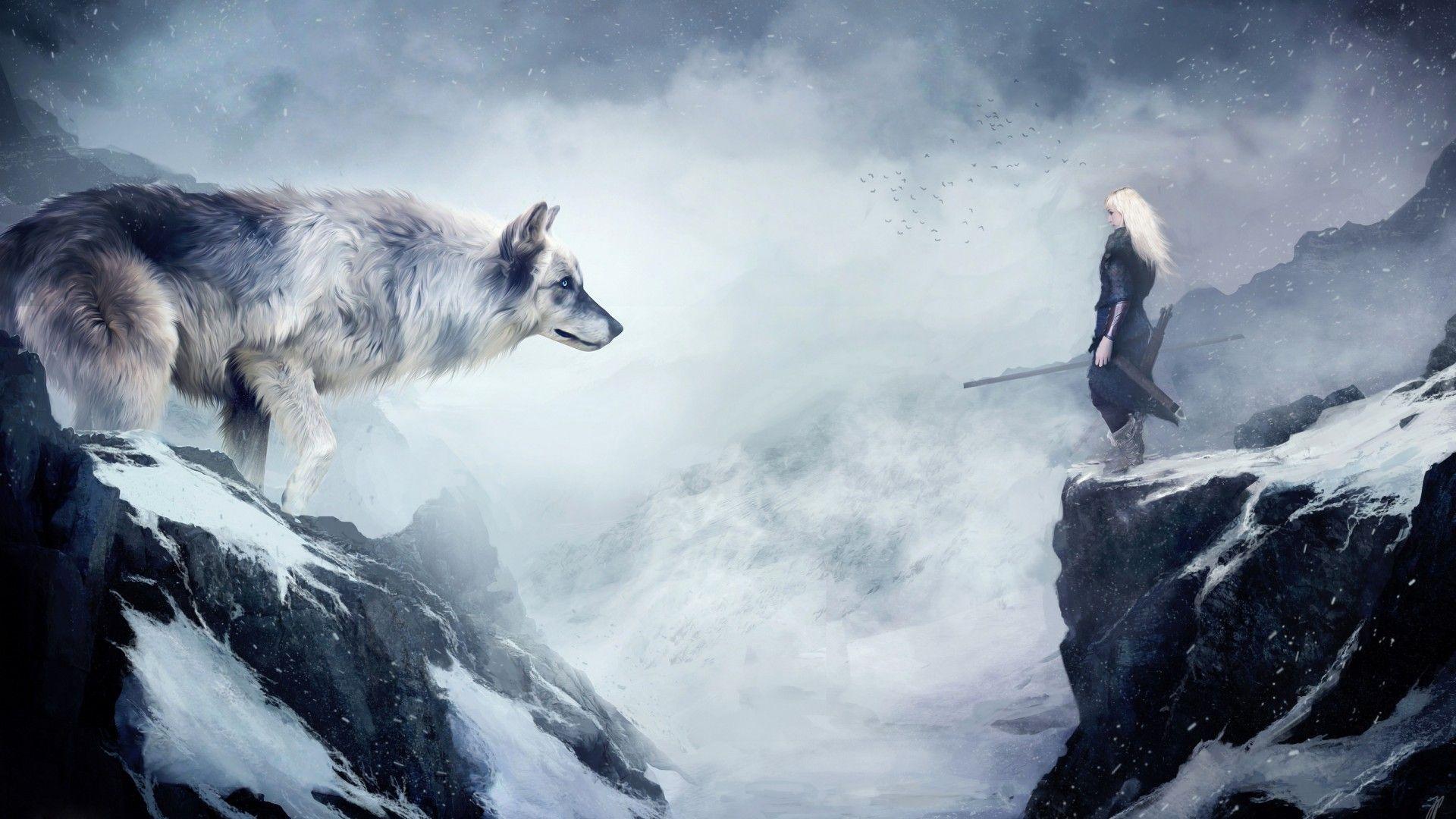 Wallpaper wolf, 4k, HD wallpaper, mountain, girl, animals
