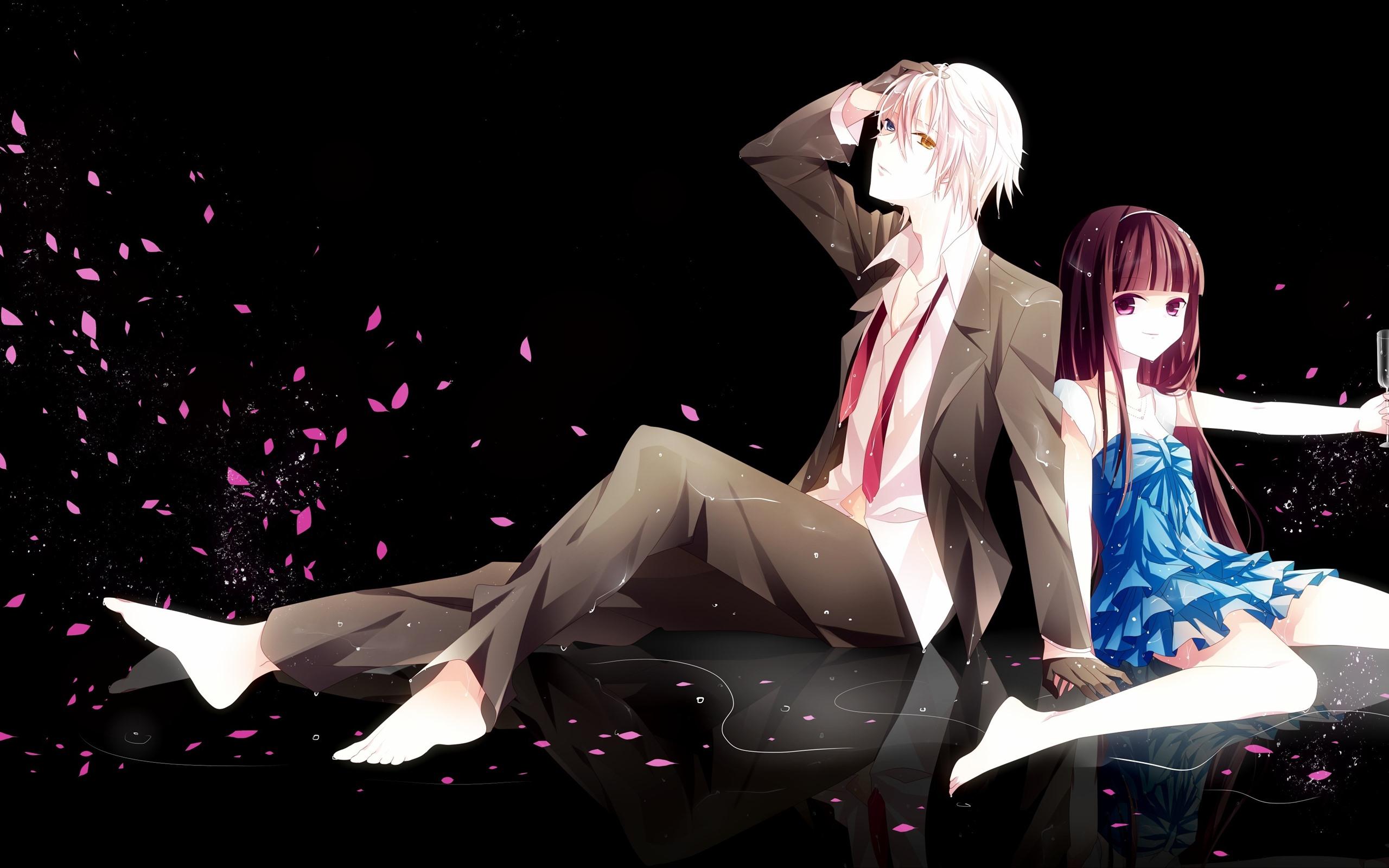 Wallpaper Anime girl and boy, pink petals, romantic