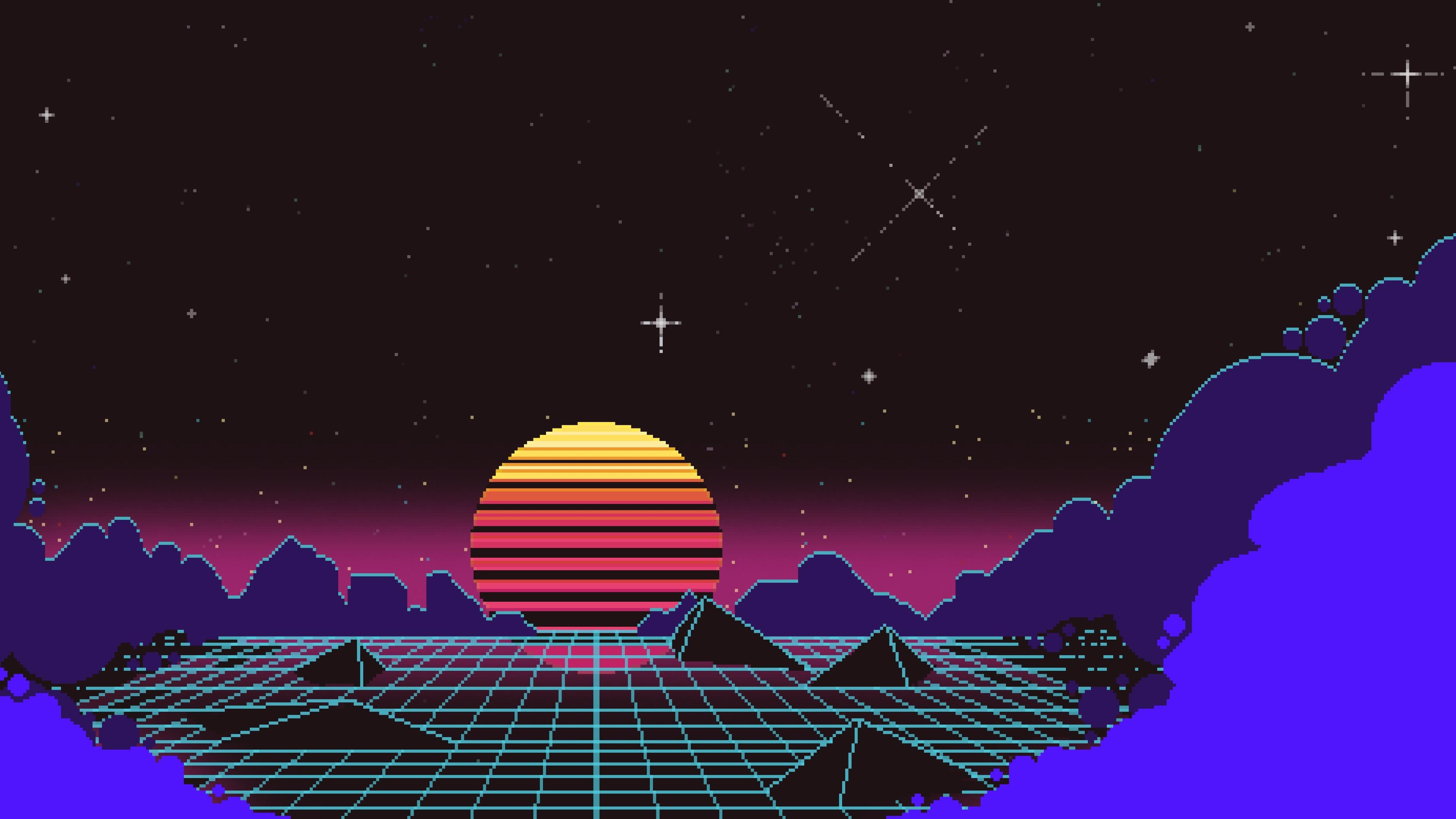 Outrun Pixel Sunset 4K Wallpaper, HD Artist 4K