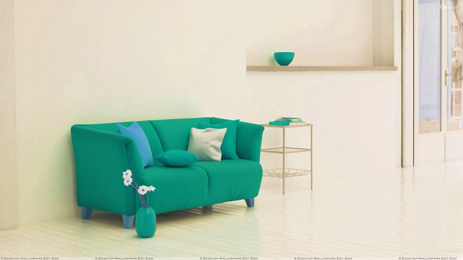 Green Sofa Near Rack And White Background Wallpaper