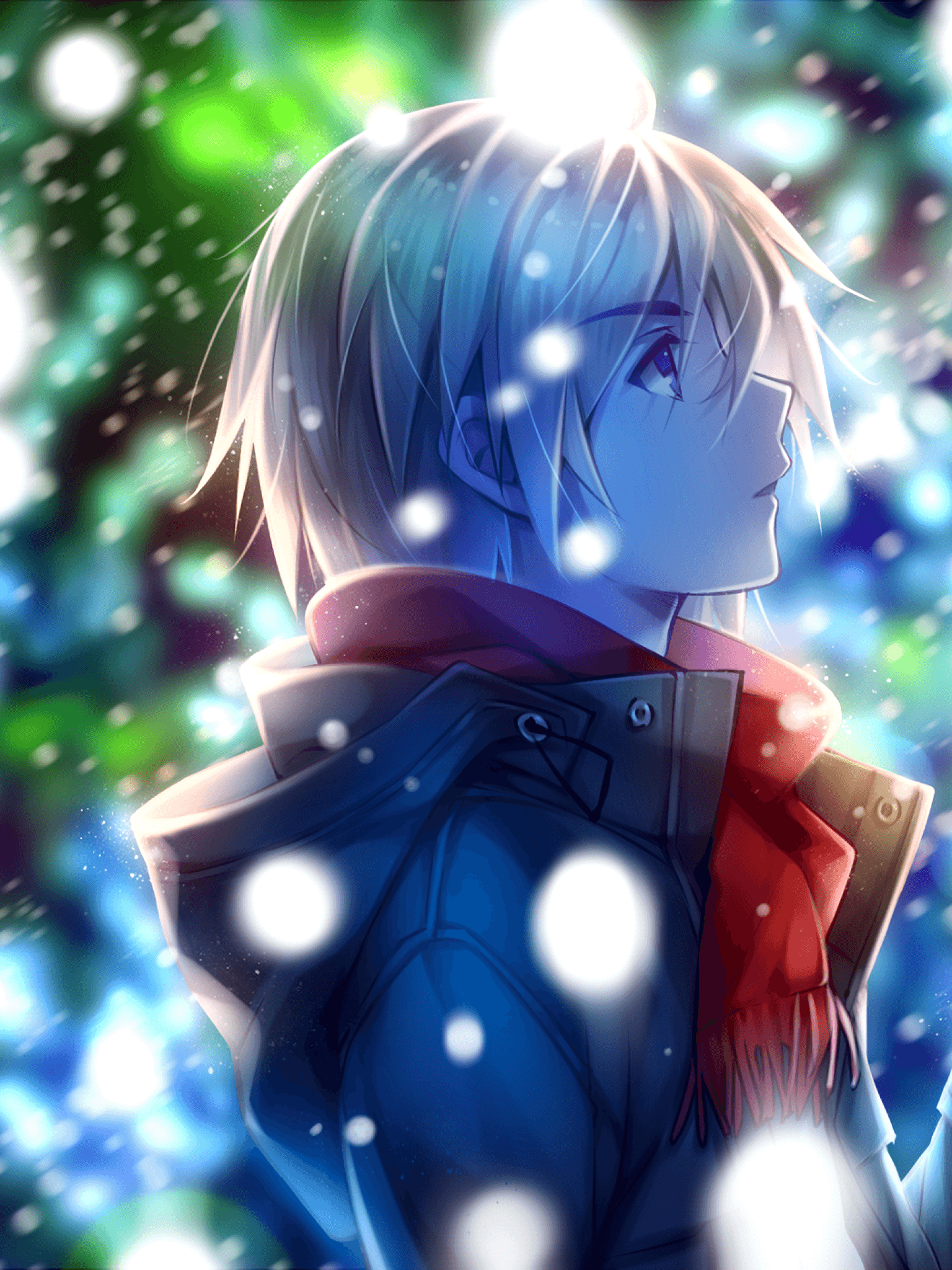 Anime Boy, Profile View, Red Scarf, Winter, Snow, Coffee, Hd