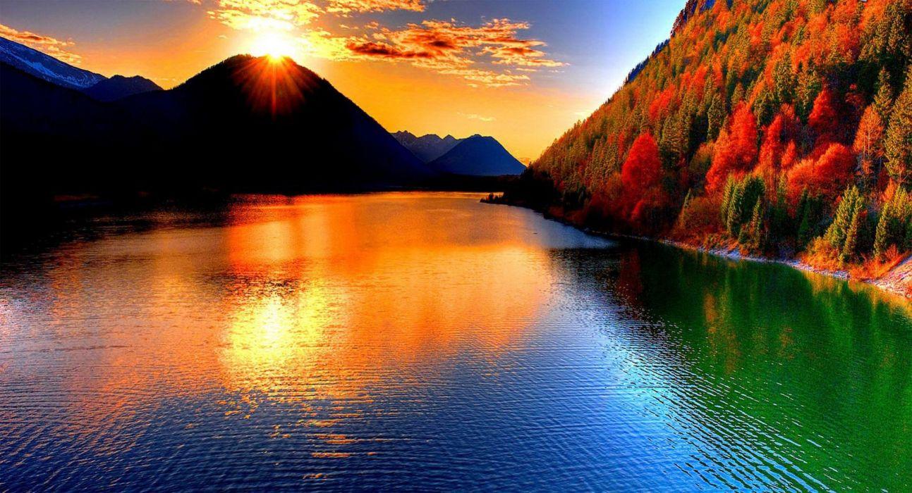 Landscape sky clouds sun sunset mountains lake forest autumn color