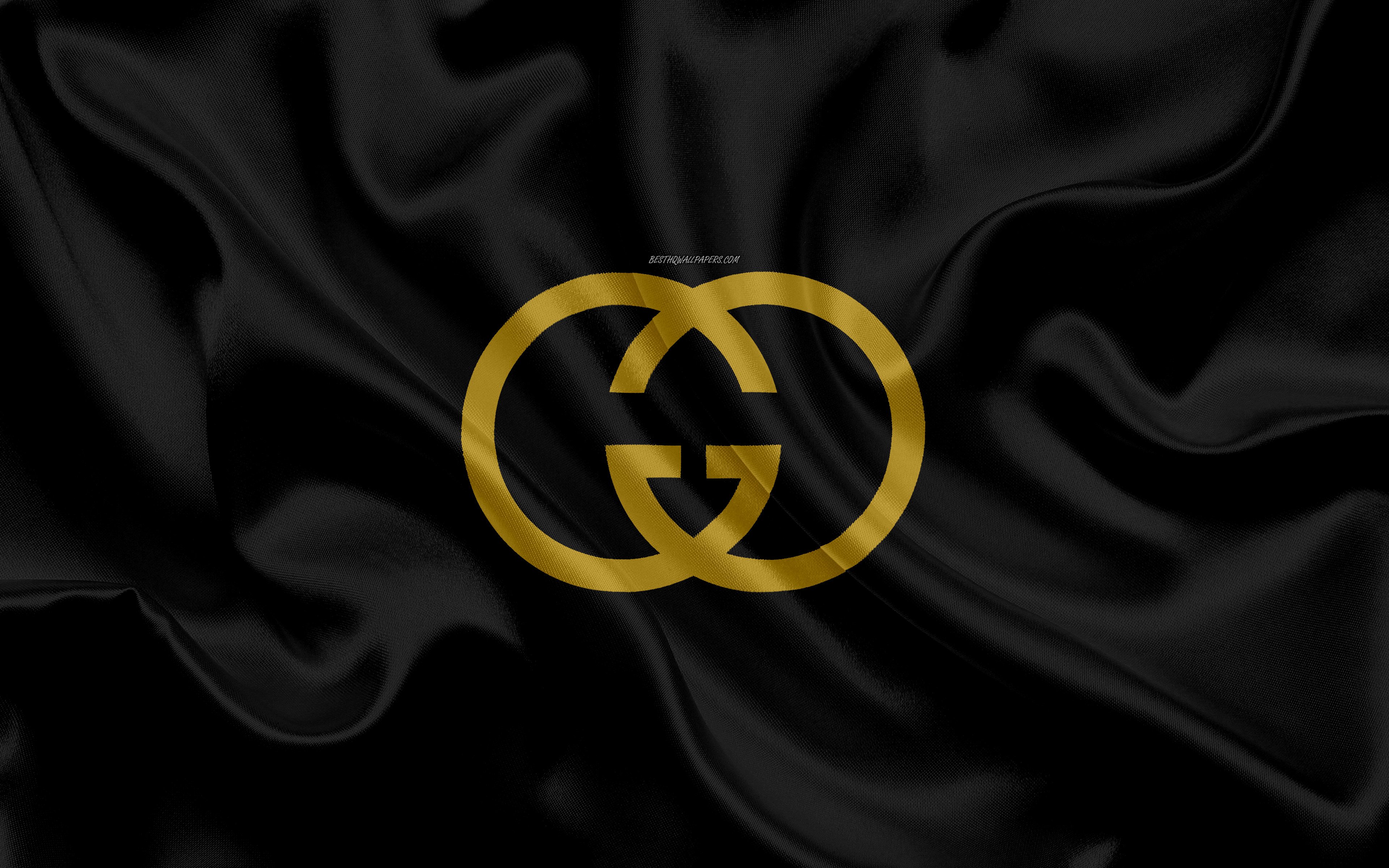 Download wallpaper Gucci, gold logo, brands, logo on black