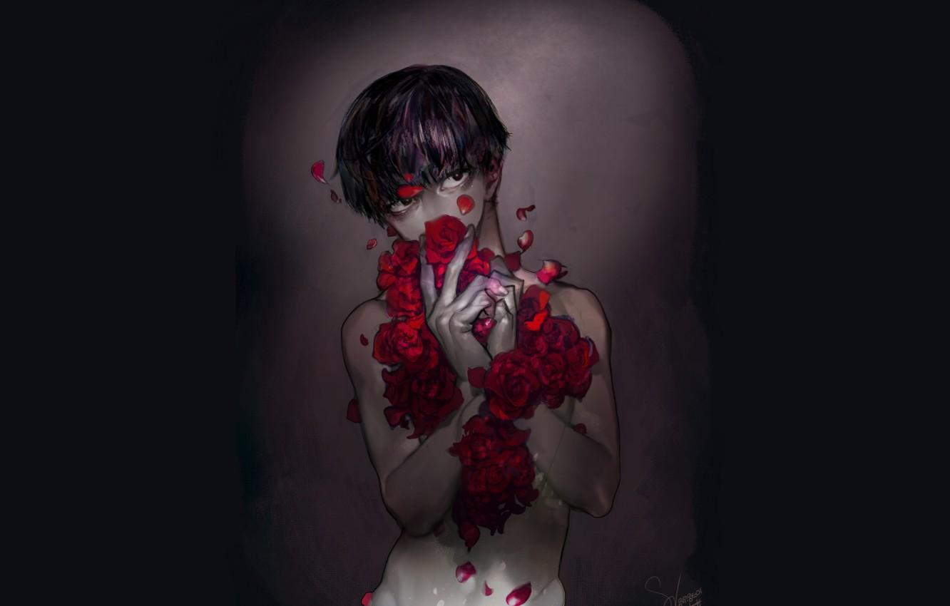 Wallpaper anime, petals, art, guy, Mob Psycho Kageyama Shigeo
