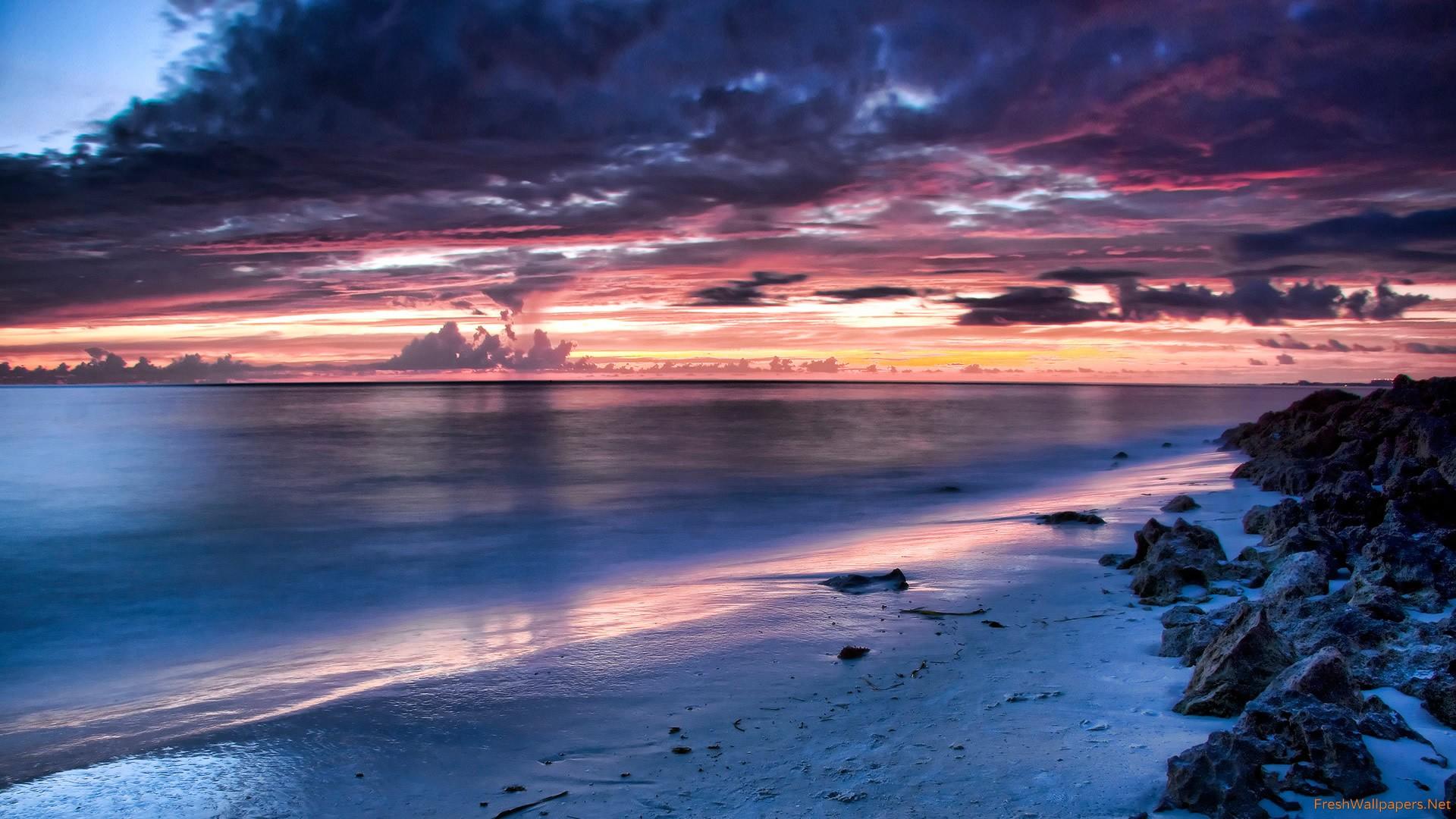 Blue Clouds Nature Ocean Pink Rocks Sea Skies Sunrise