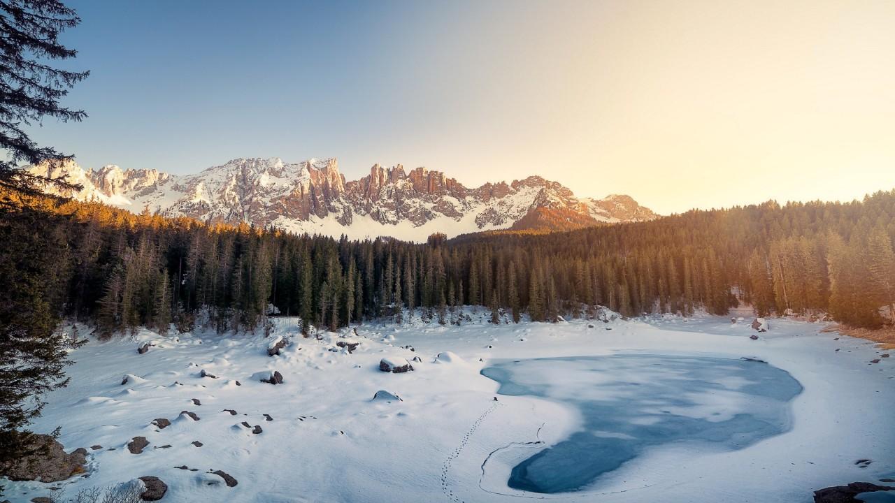 Wallpaper Dolomites, Mountains, Winter, Forest, Italy
