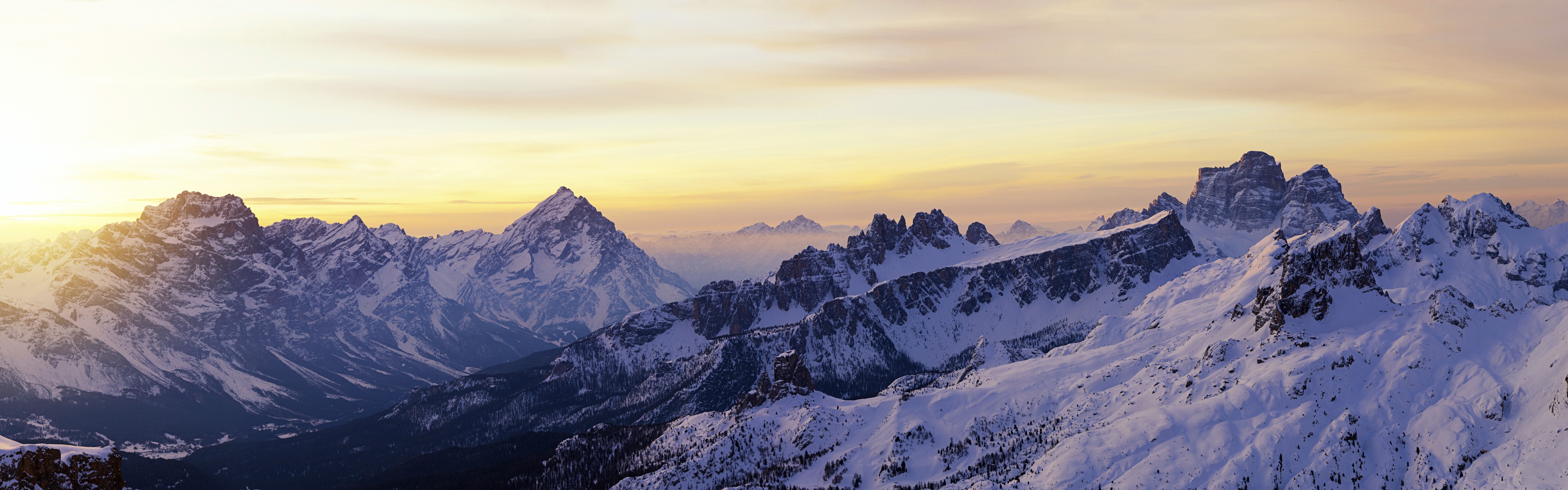 Wallpaper Dolomites, sunrise, snow, winter, Italy 3840x1200