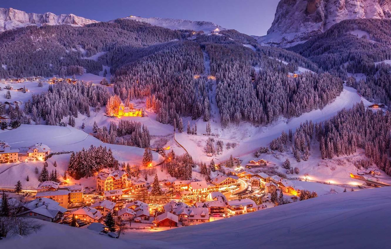 Wallpaper winter, snow, mountains, lights, valley, Italy, The Dolomites, Val Gardena image for desktop, section пейзажи