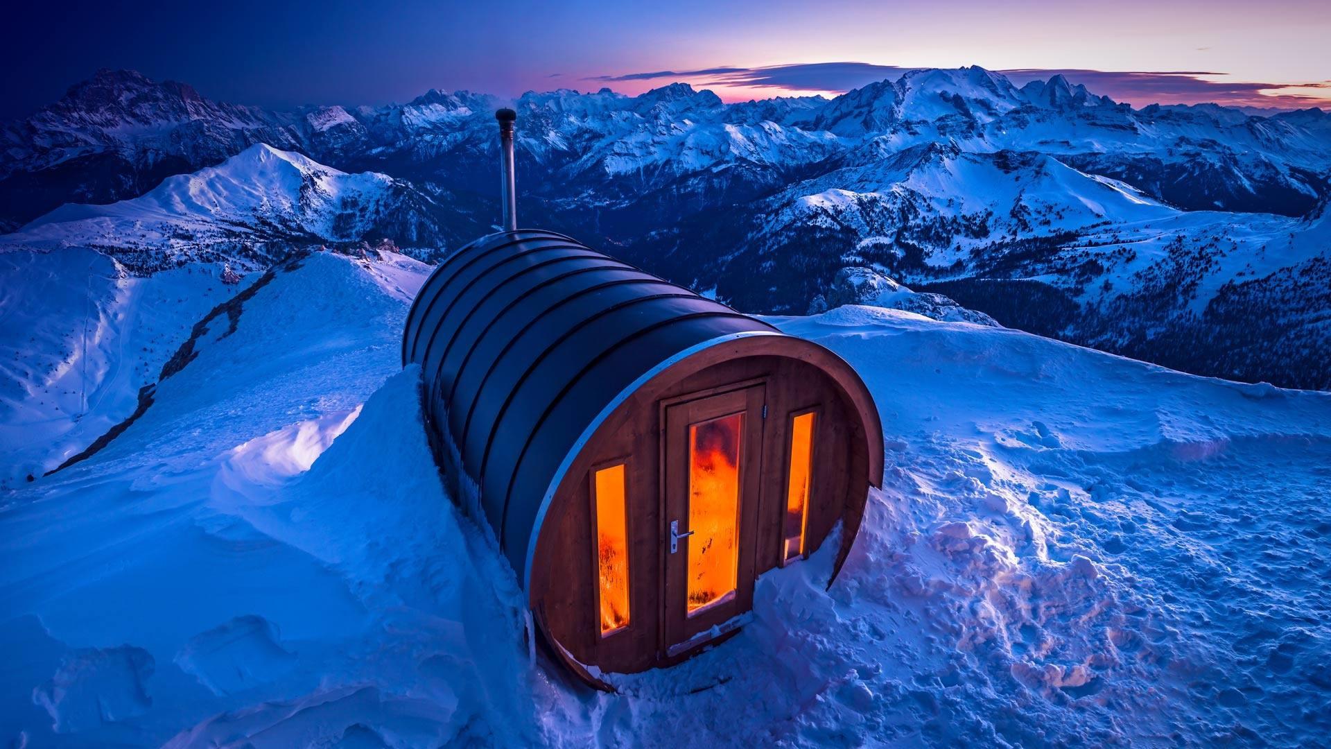 Wallpaper Italy, Dolomites, sauna house, snow, winter