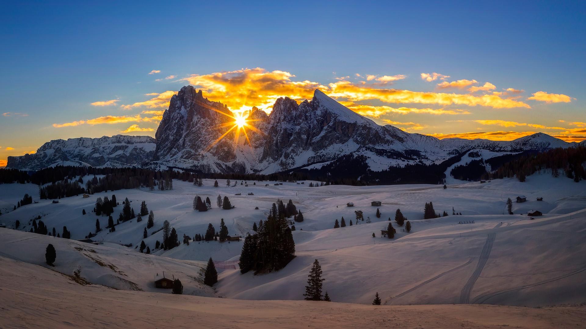Wallpaper Dolomites, sunrise, snow, winter, Italy 3840x1200