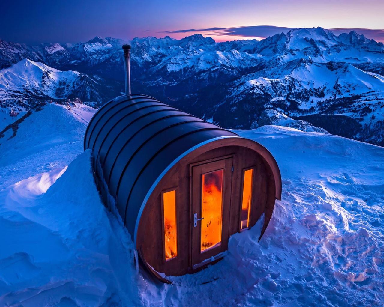 Wallpaper Italy, Dolomites, sauna house, snow, winter