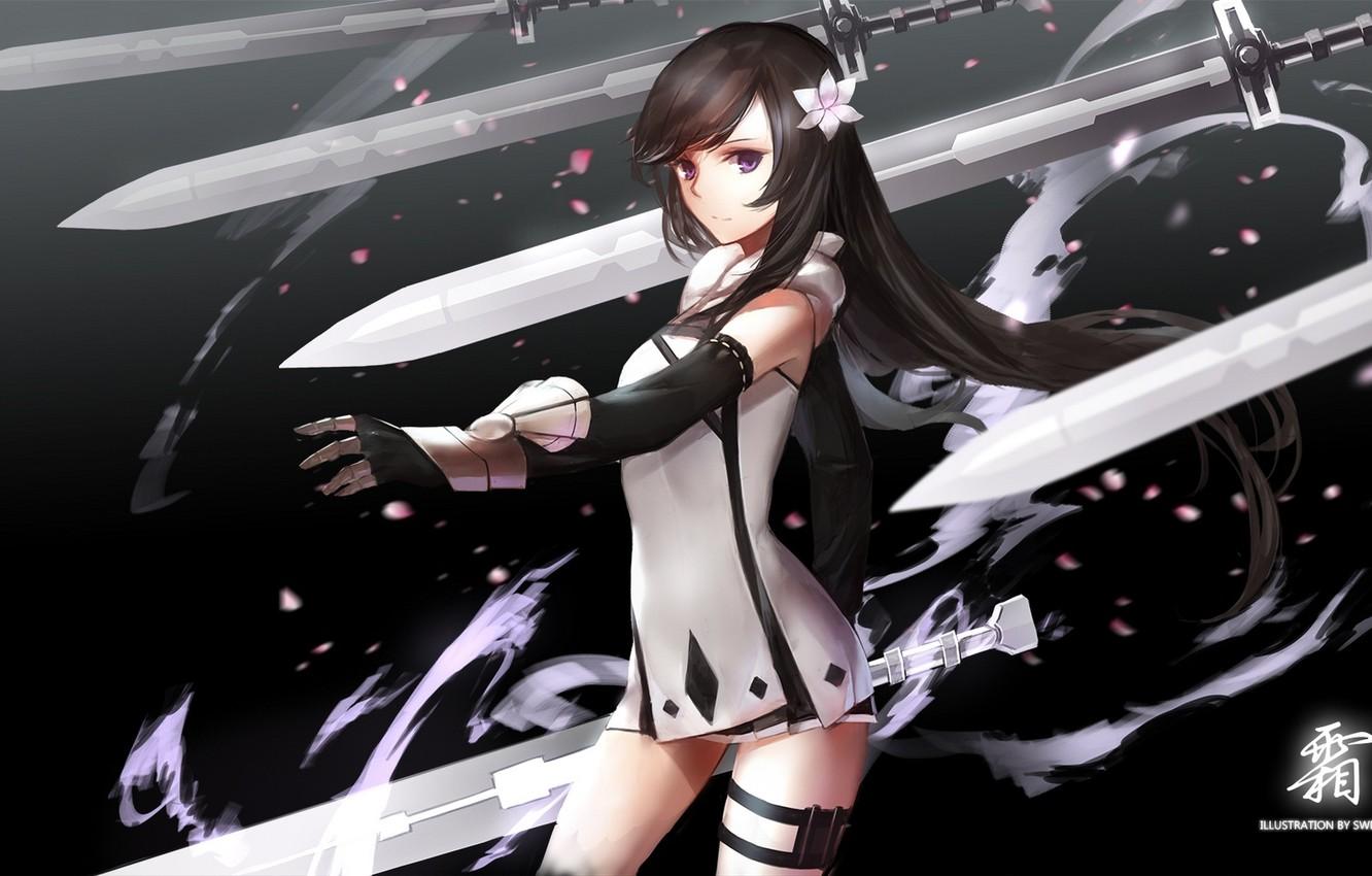 Wallpaper girl, flowers, weapons, sword, anime, petals