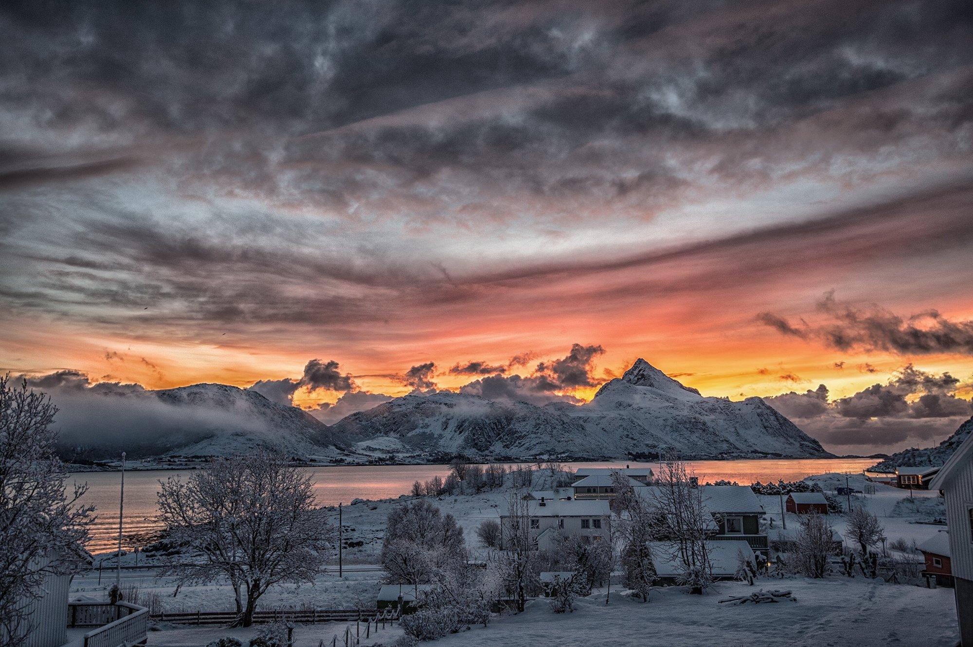 norway, Winter, Snow, A, Fishing, Village, Sunset, Town