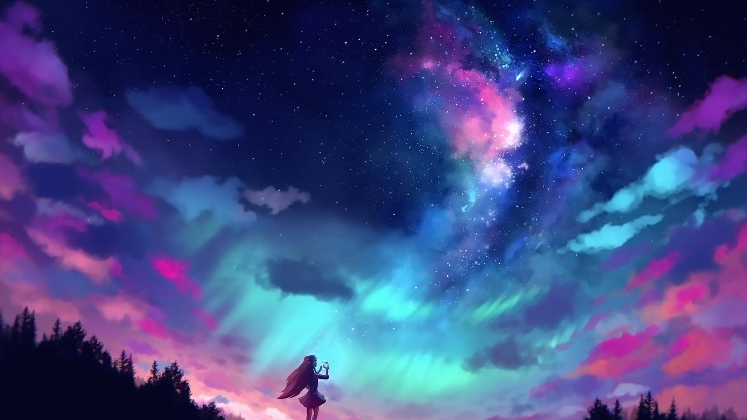 Anime Girl And Colorful Sky 1440P Resolution
