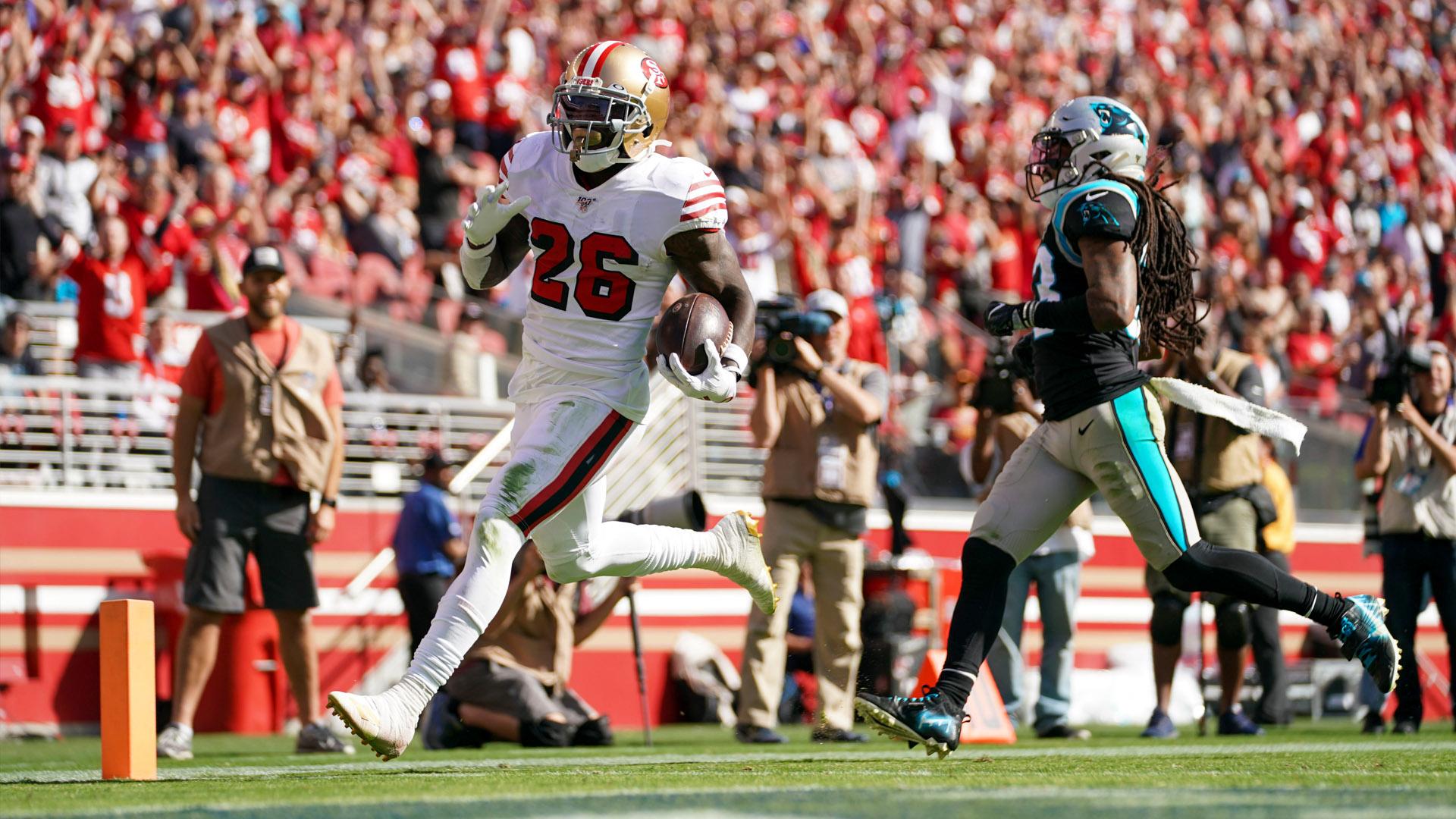Watch Tevin Coleman score three 49ers TDs in first half vs