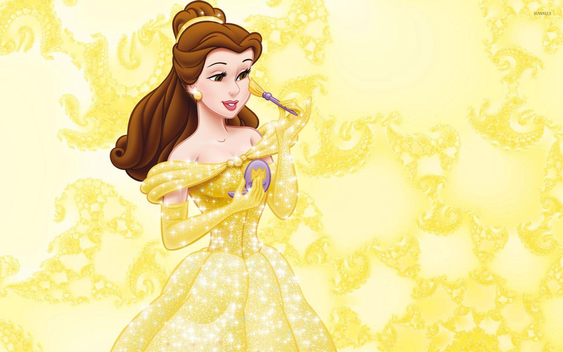 Belle in a beautiful golden dress and the Beast wallpaper wallpaper