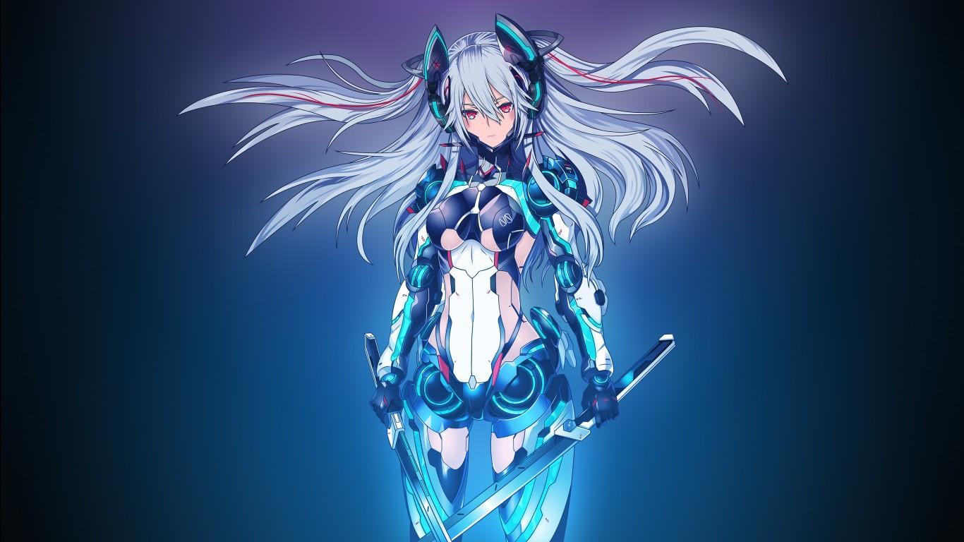 Mecha Girl White Hair Swords Anime Desktop Wallpapers