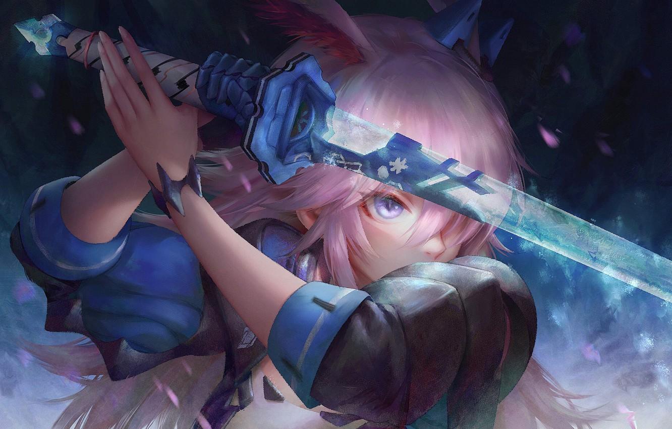 Wallpapers girl, sword, pink hair, weapon, anime, purple eyes