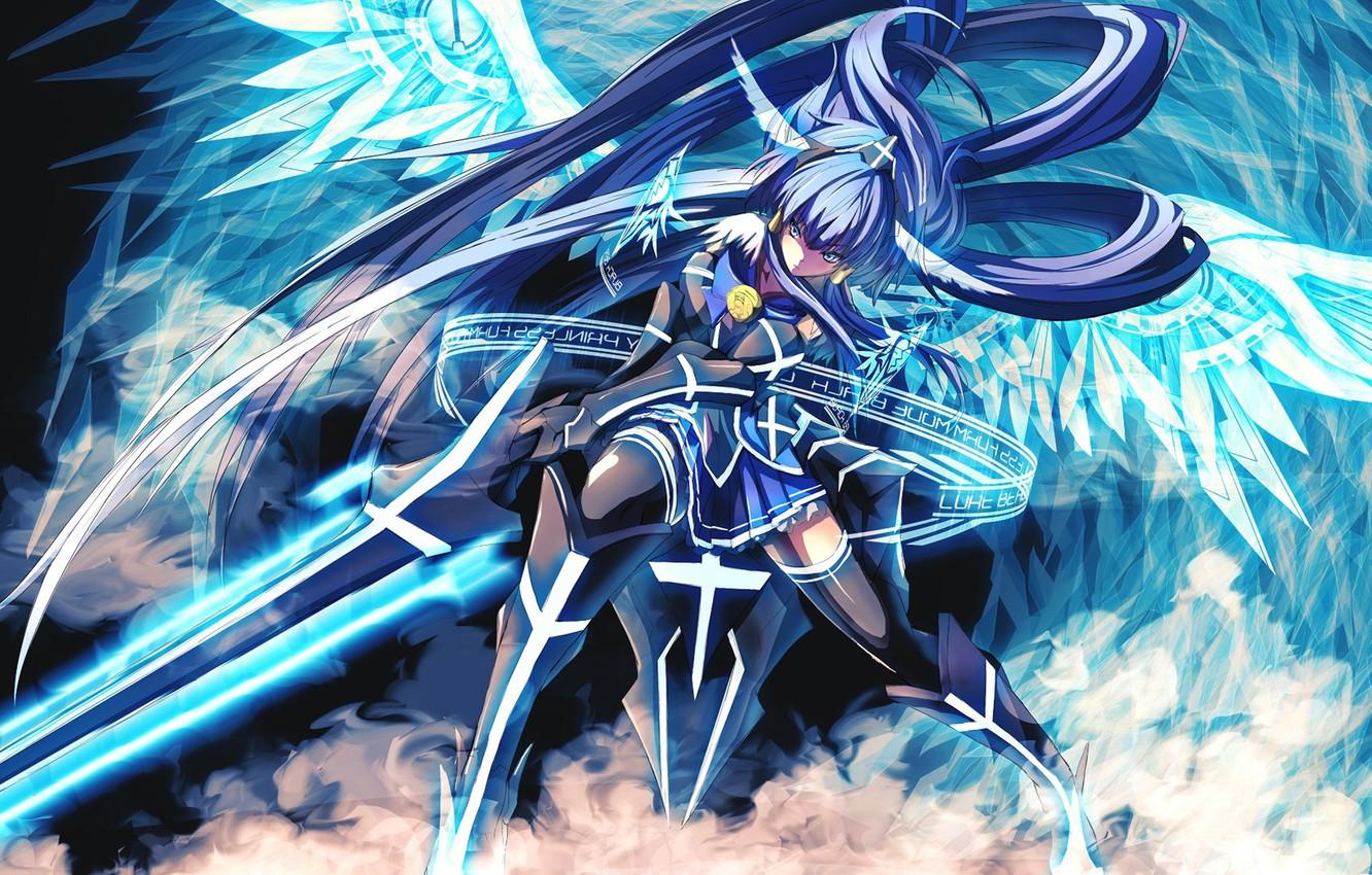 Wallpaper girl, sword, armor, blue, anime, wings, beautiful