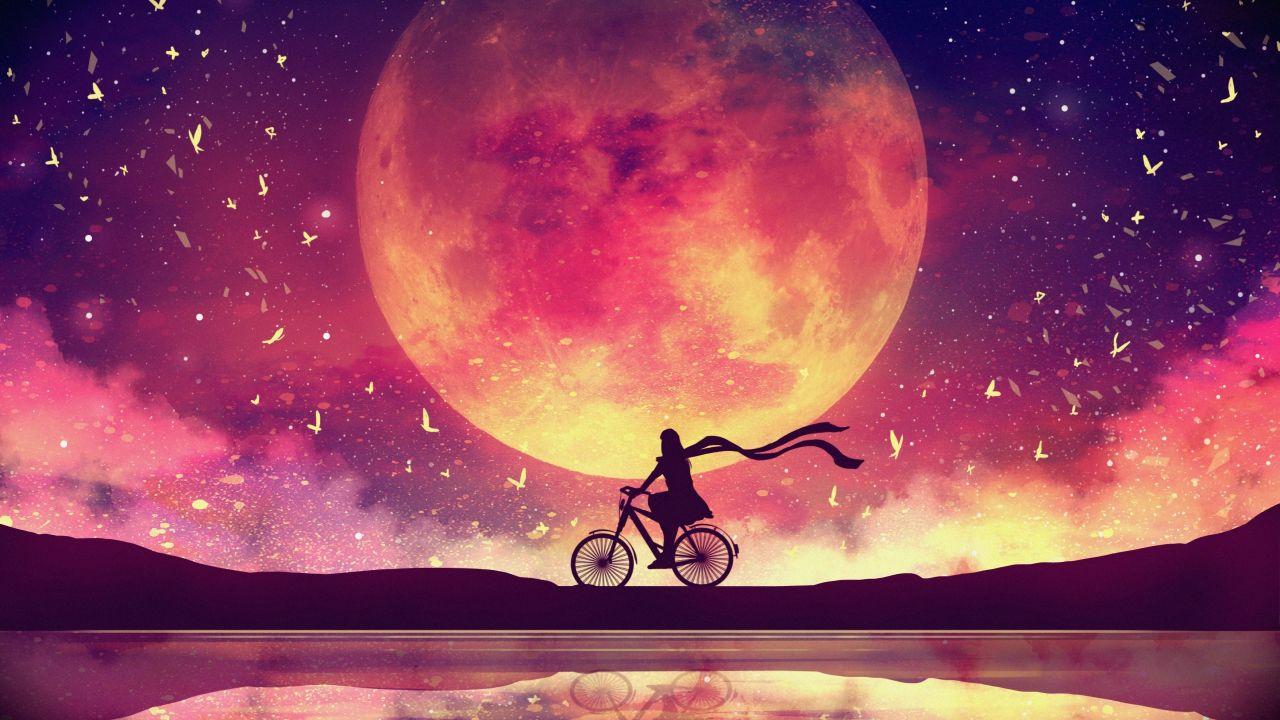 Wallpapers Girly, Dream, Moon, Scenic, Surreal, Bicycle, 4K