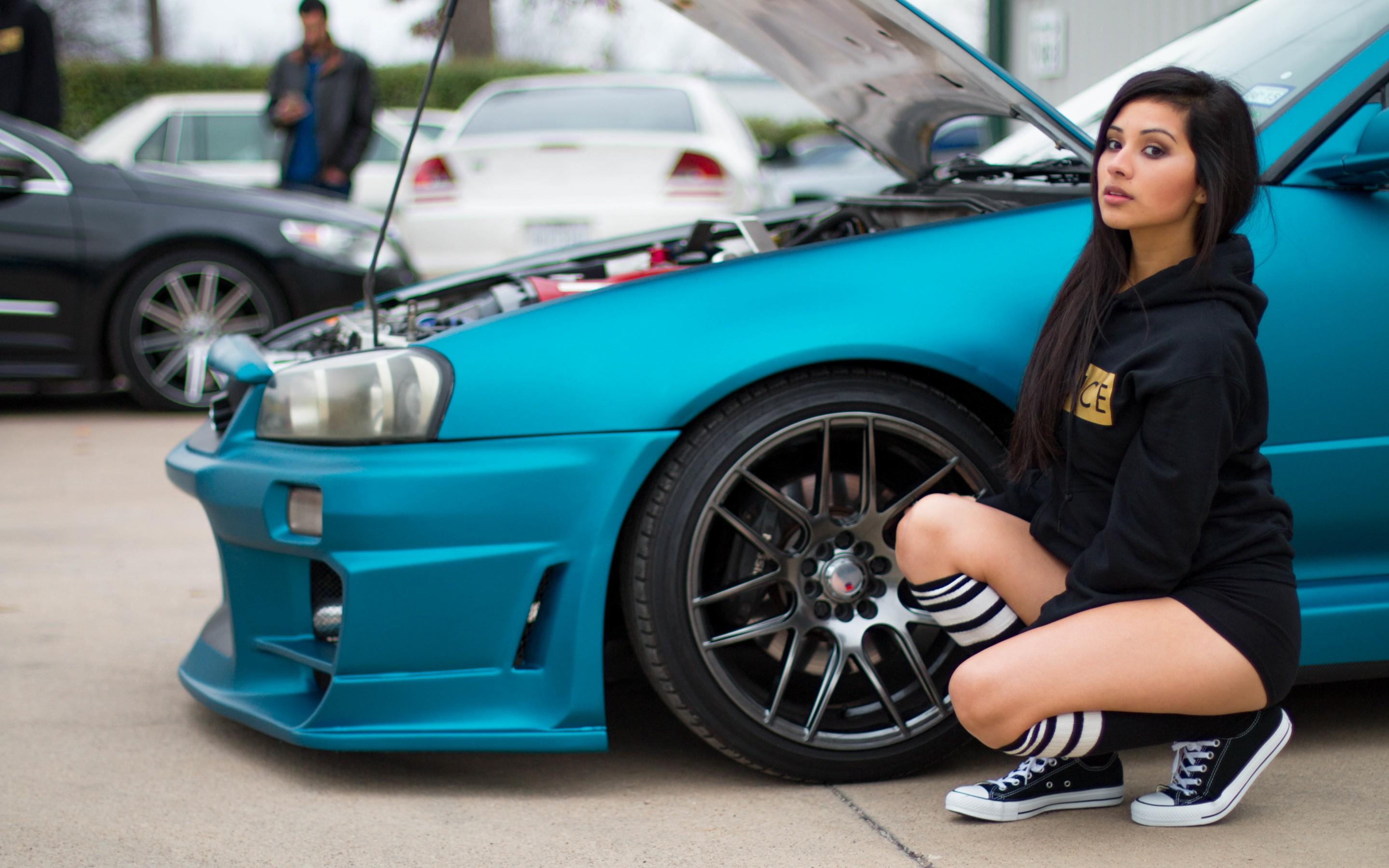 Girl Next to Blue Modified Car HD wallpaper
