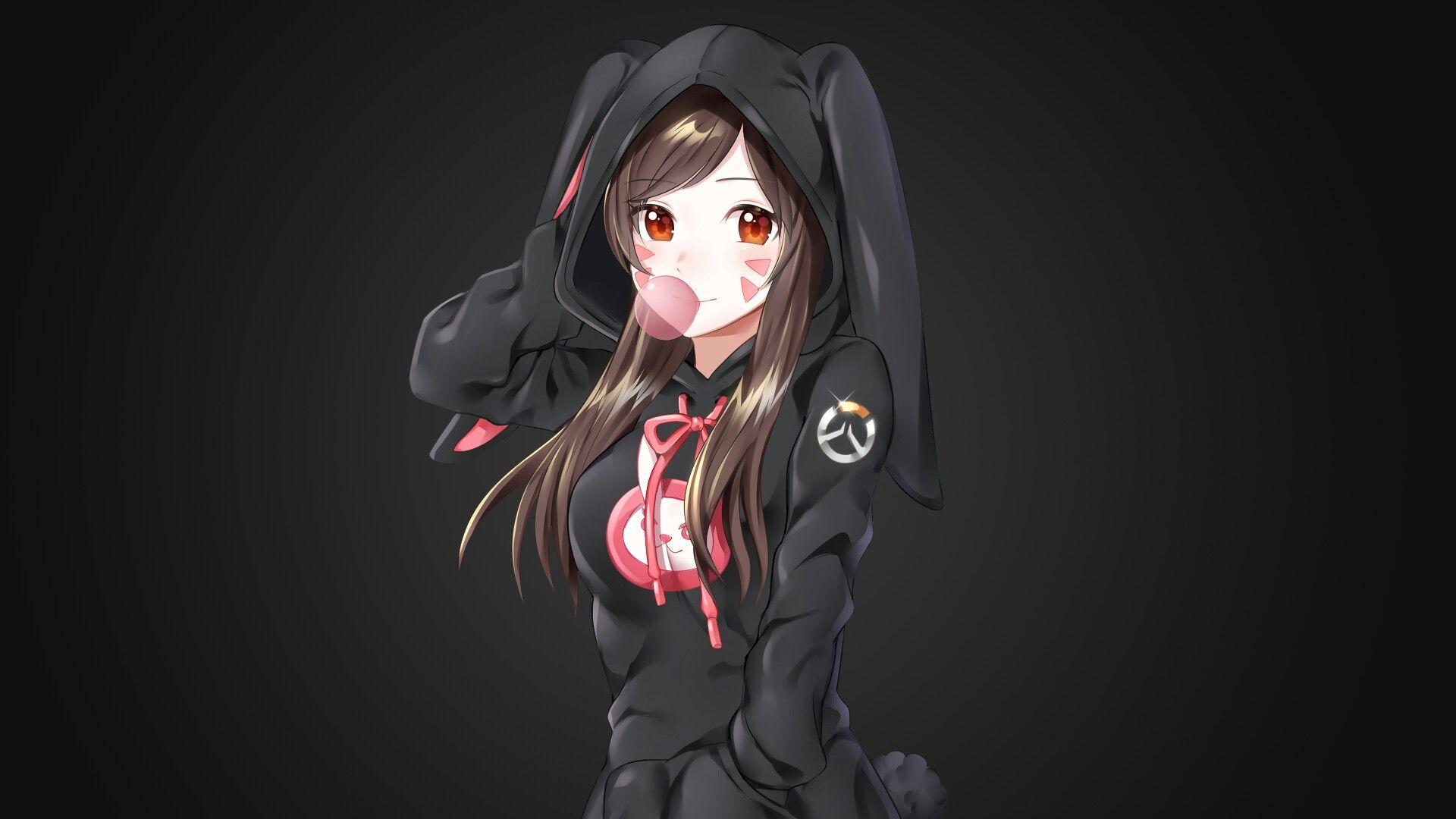 D.VA in a black bunny hoodie =:3