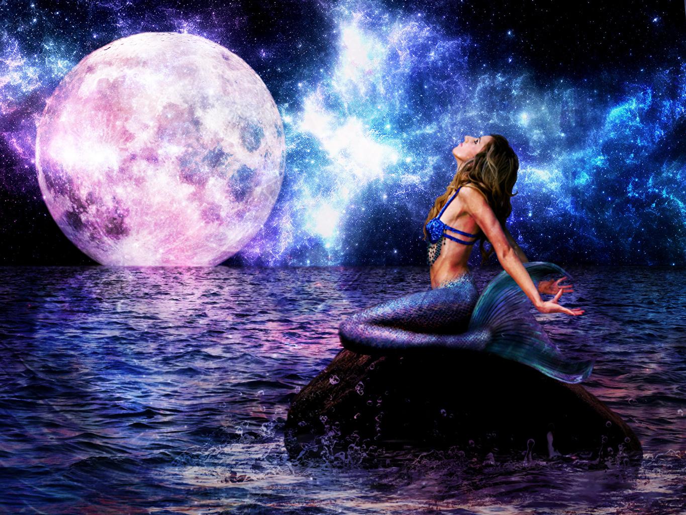 Photos mermaids Sea Girls Fantasy Moon Horizon night time