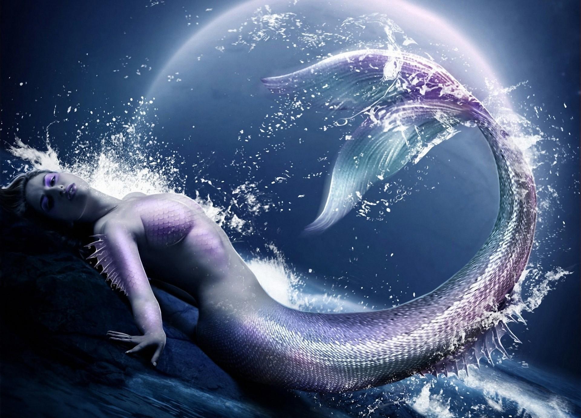 Siren illustration, mermaid, water, spray, moon, HD