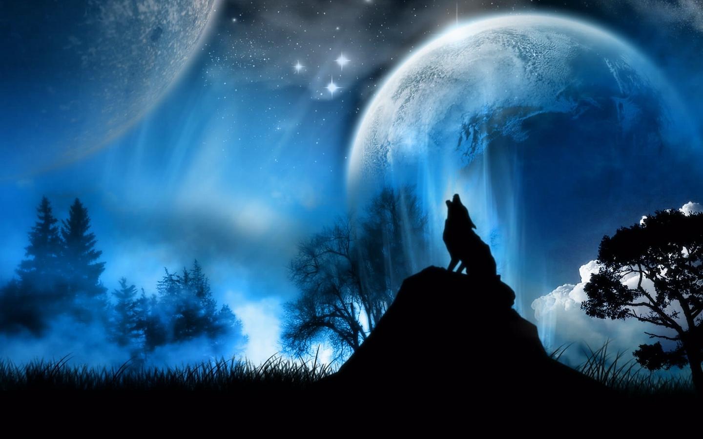 Download wallpaper 1440x900 moonlight, wolf, fantasy