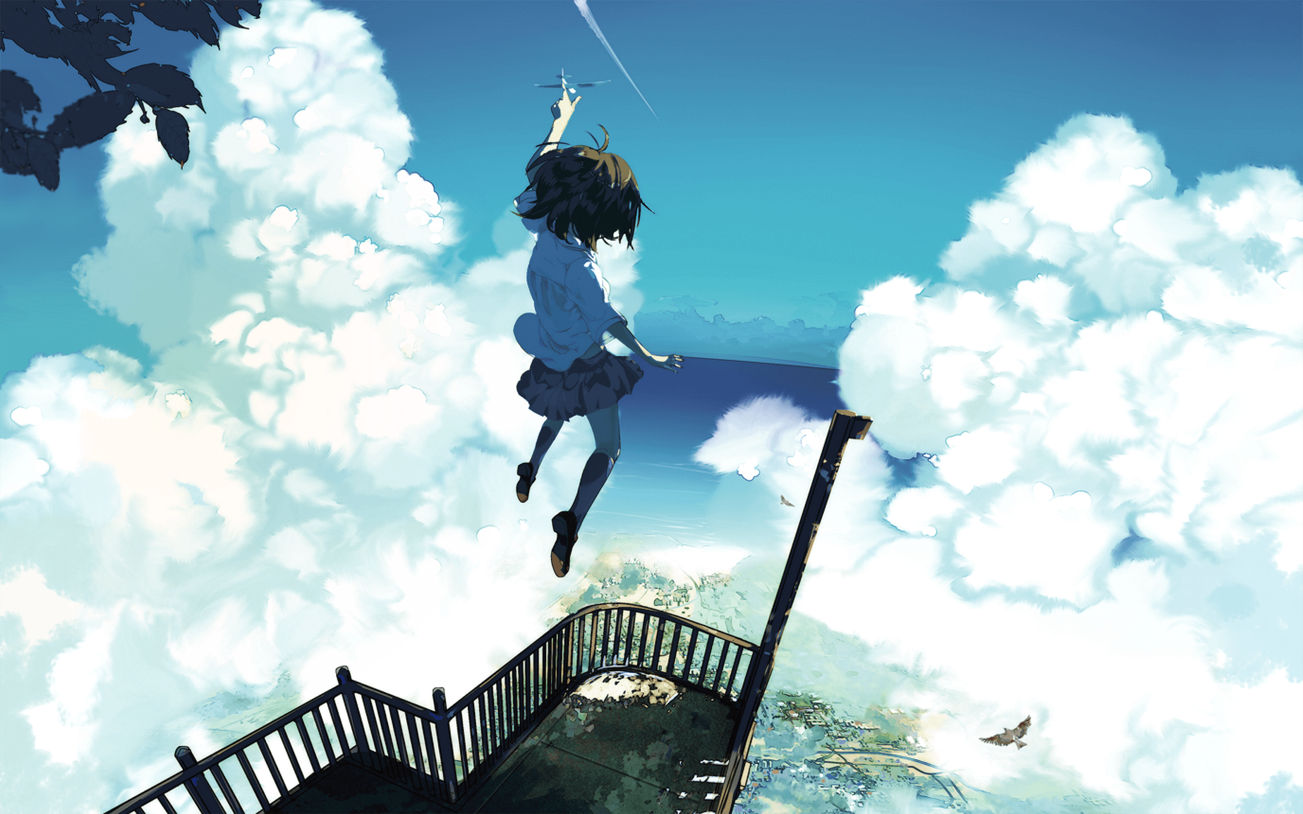 Sky, Short Hair, Cloud, Brown Hair, Skirt, Socks, Jump
