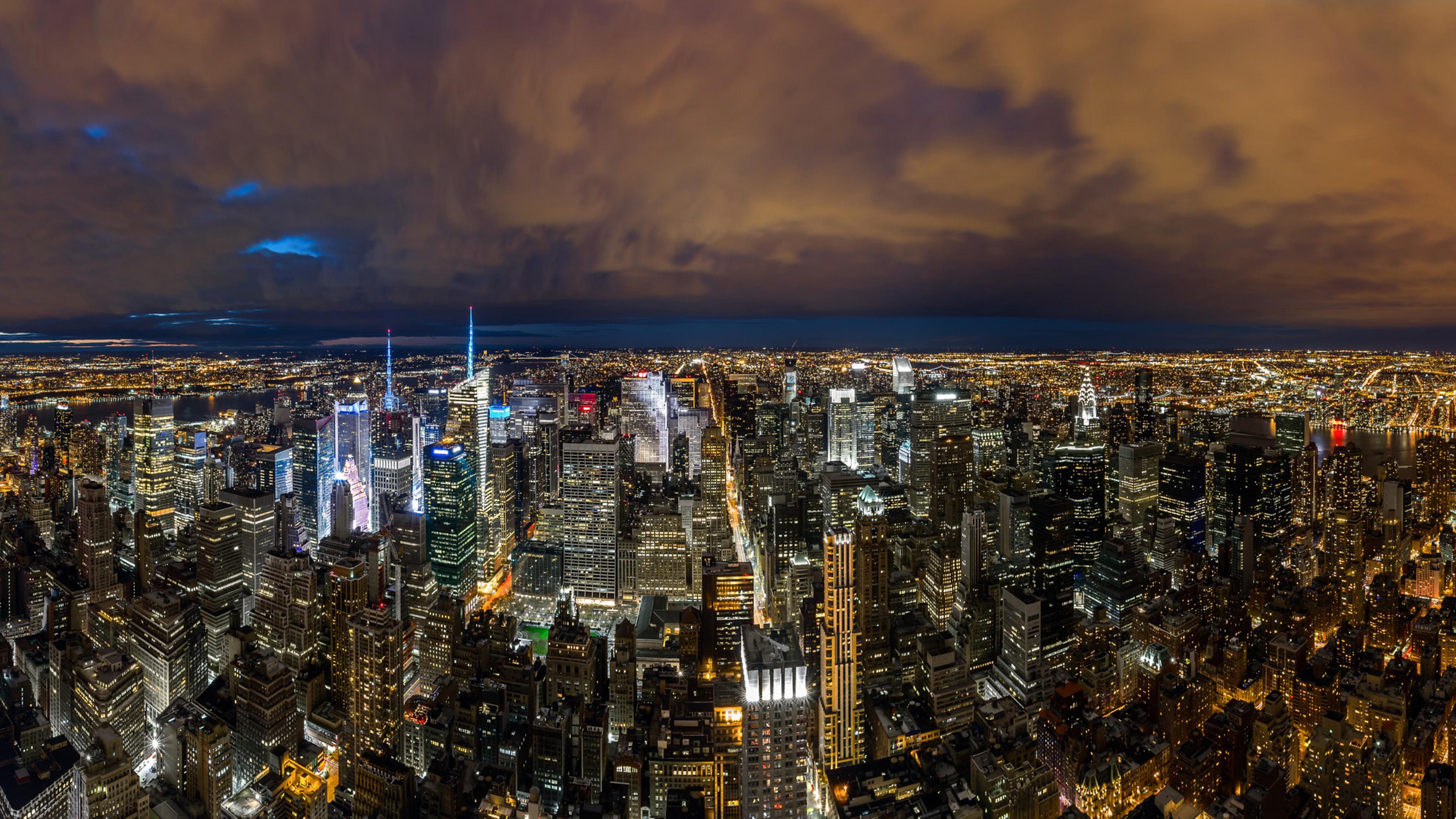 New York Cityscape At Night Aerial View Panorama United