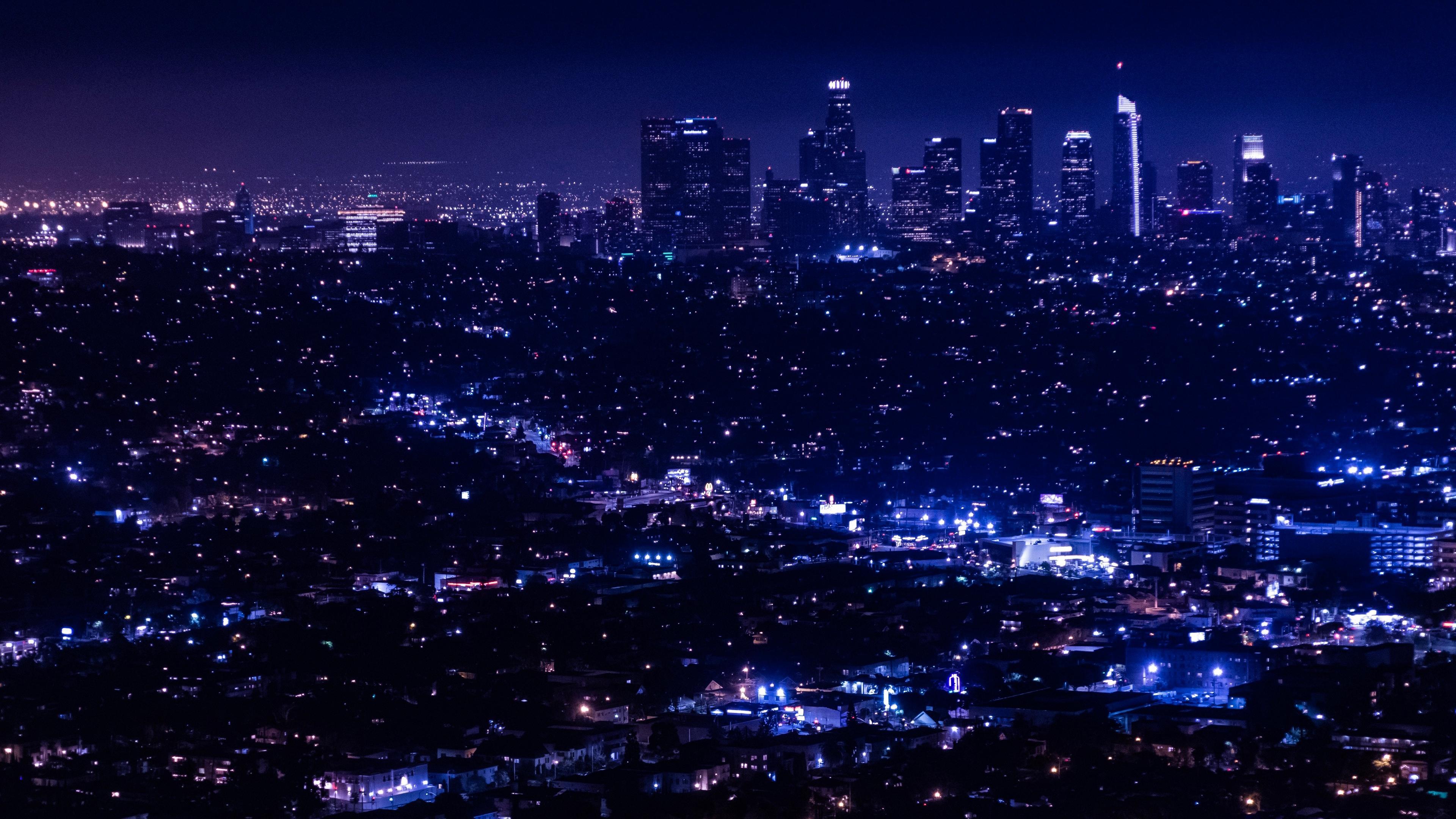Wallpaper 4k night city, city lights, overview, aerial view