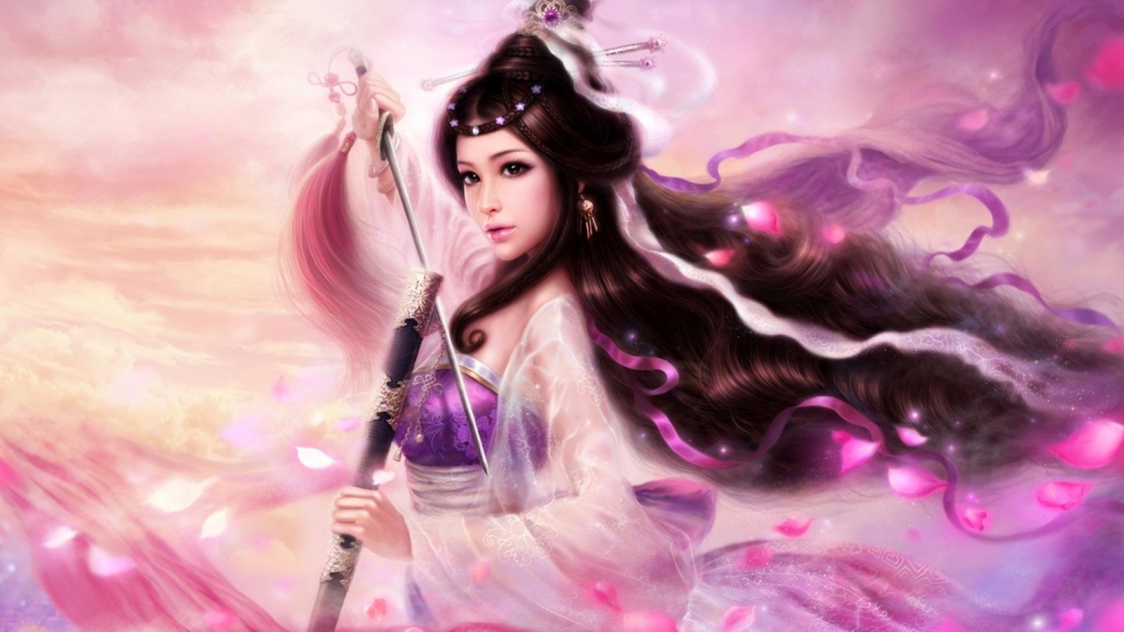 Samurai Princess Sword Purple Fantasy Girl Ultra 3840x2160 HD Wallpaper 1564910, Wallpaper13.com