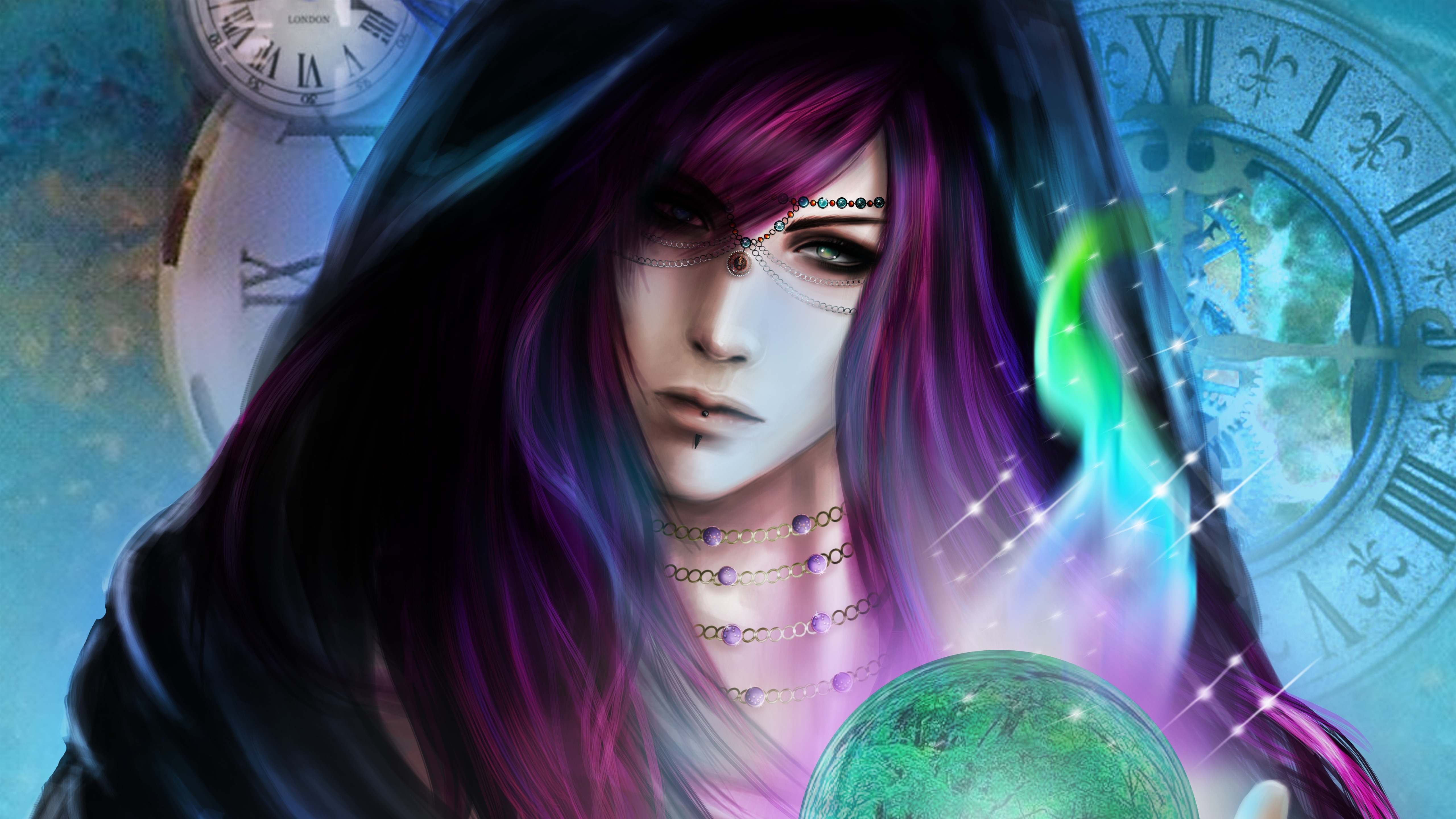 Wallpaper Purple hair fantasy girl, magic, ball 5120x2880