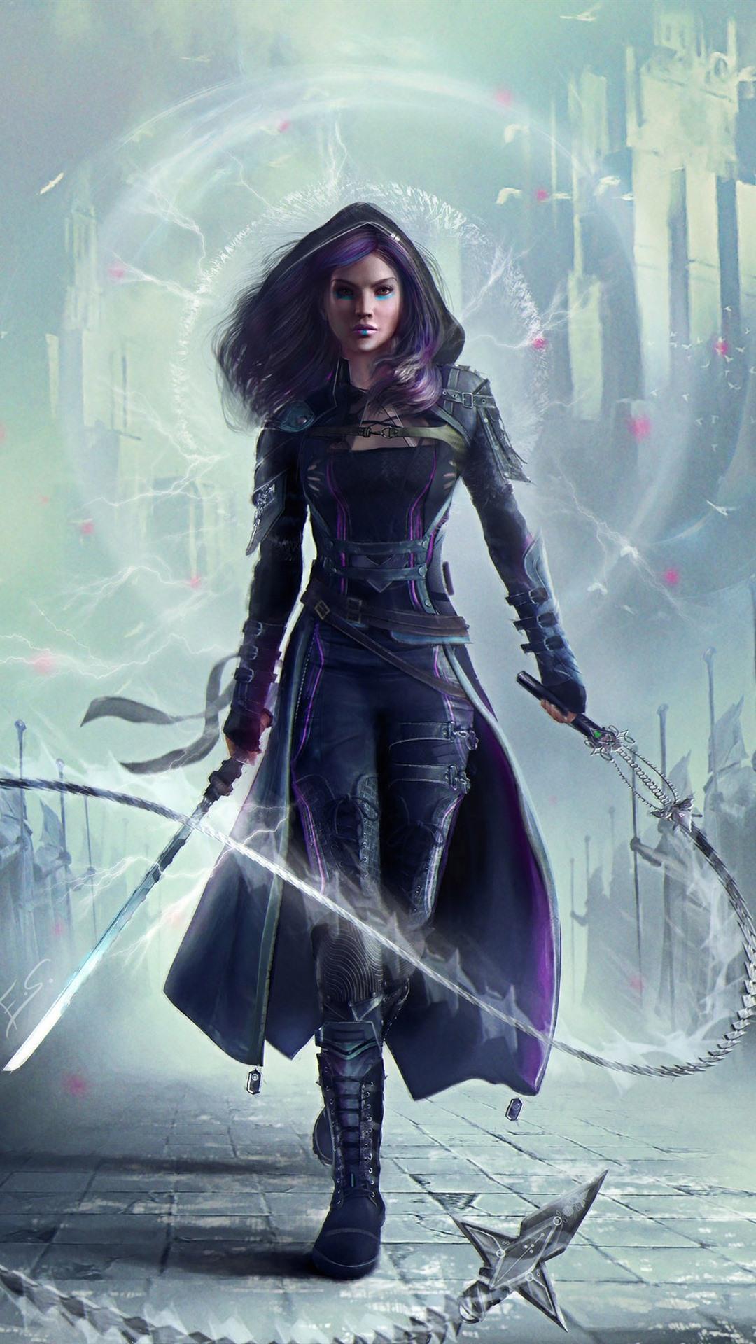 Purple Hair Fantasy Girl, Sword, Whip 1080x1920 IPhone 8 7 6