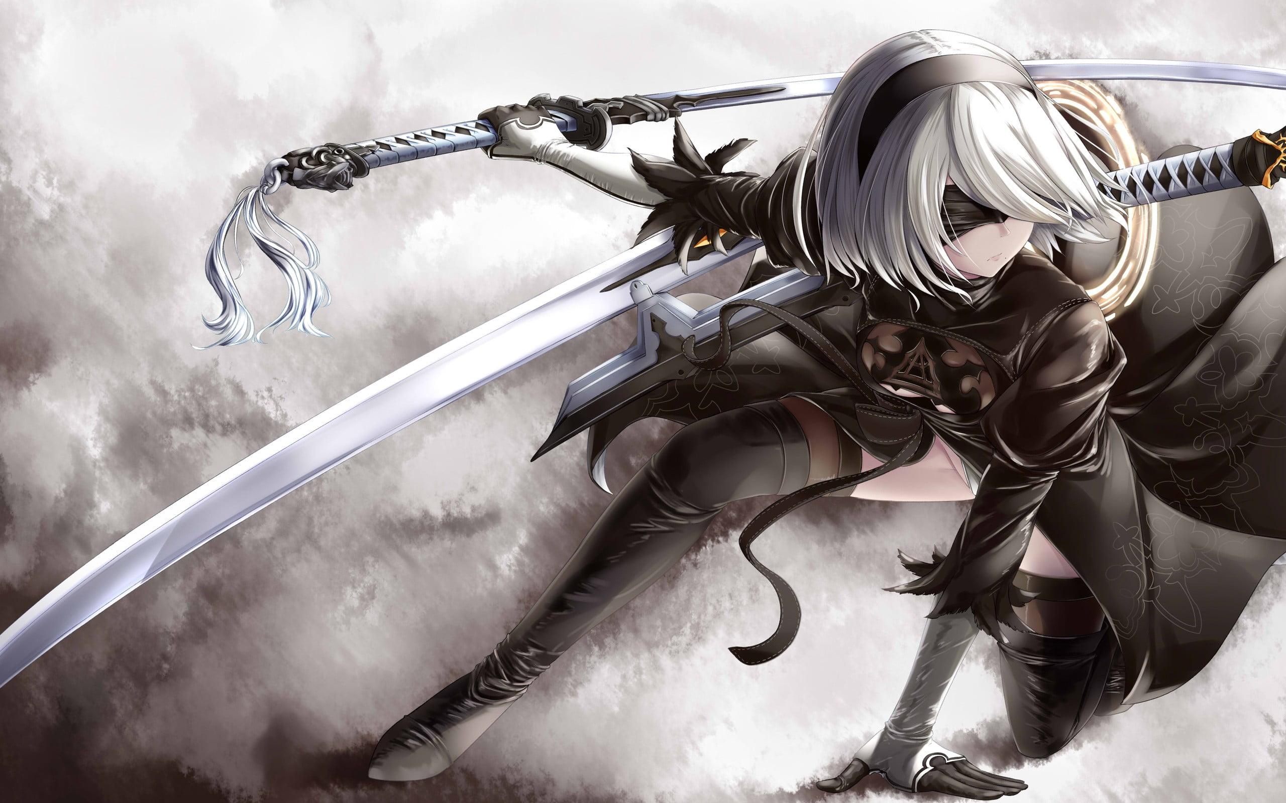 Gray and white haired swordsman anime character, Nier