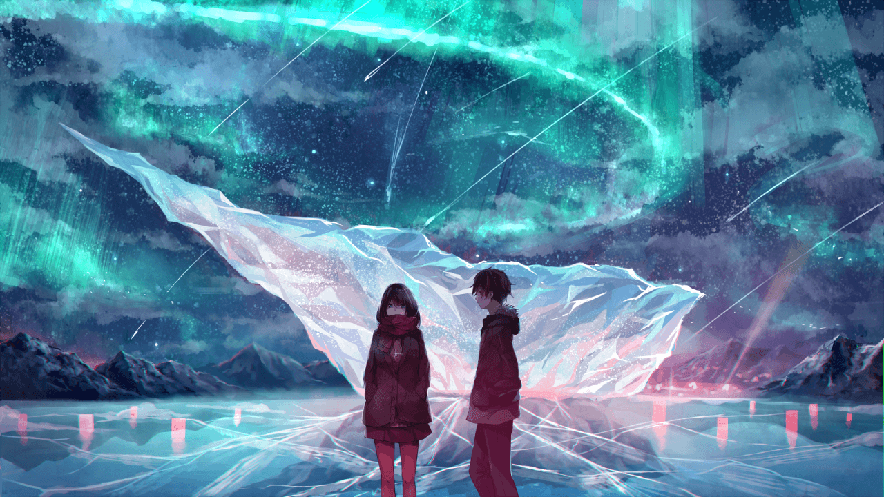 Download 1280x720 Anime Couple, Ice Field, Scarf, Anime Girl