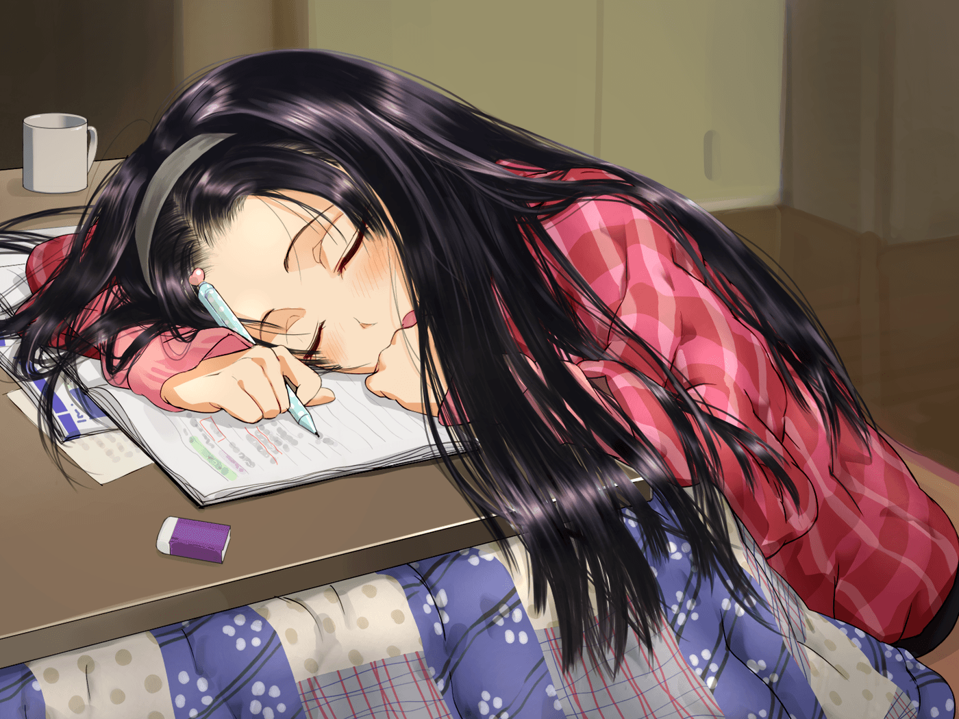 anime girls, #dark hair, #sleeping, #studying, wallpaper