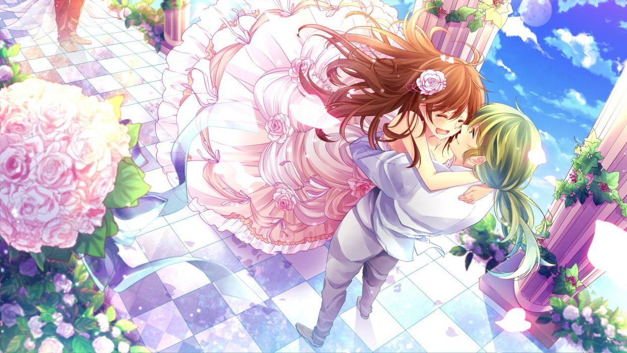 Anime couple bride girl male rose flower pink dress sky cloud wallpaperx1080